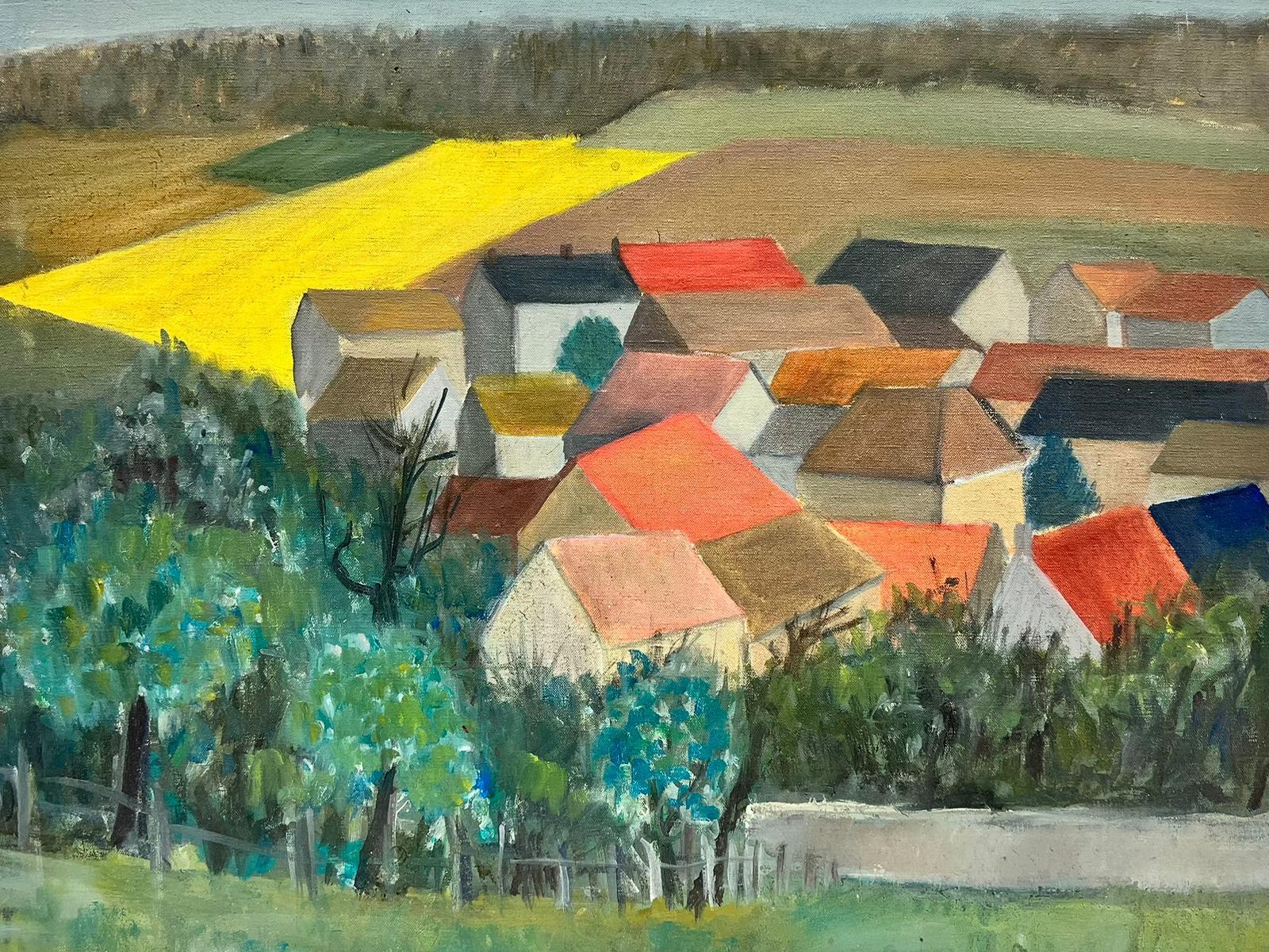 Landscape Painting French Post Impressionist - Huile cubiste/post-impressionniste française du milieu du siècle Maisons à toit rouge dans un paysage