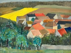 Mid Century French Cubist/ Post Impressionist Oil Red Roof Houses in Landscape