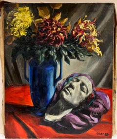 Mid Century Large French Post-Impressionist Still Life Flowers & Head Sculpture