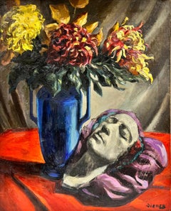 Mid Century Large French Post-Impressionist Still Life Flowers & Head Sculpture