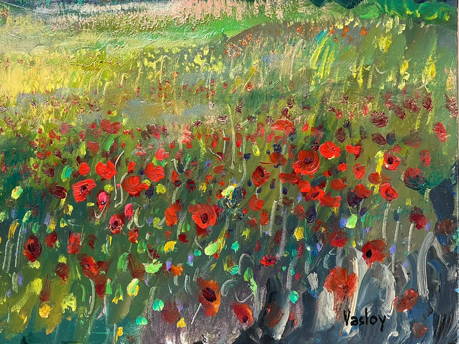 Campi di papaveri in Provenza firmato Pittura a olio francese Paesaggio di nuvole vorticose - Painting di French Post Impressionist