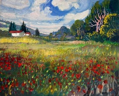 Poppy Fields in Provence Signed French Oil Painting Swirling Clouds Landscape
