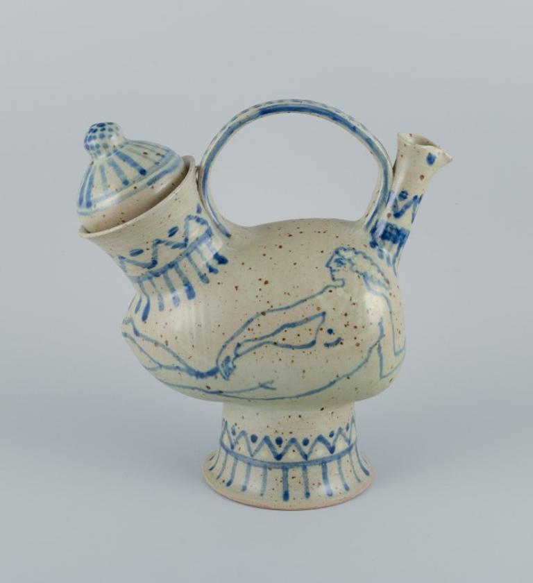 French potter, large unique ceramic jug in Greek style.
Decorated with reclining people.
mid-20th century
Perfect condition.
Indistinct artist signature.
Dimensions: H 30.0 x D 28.5 cm.