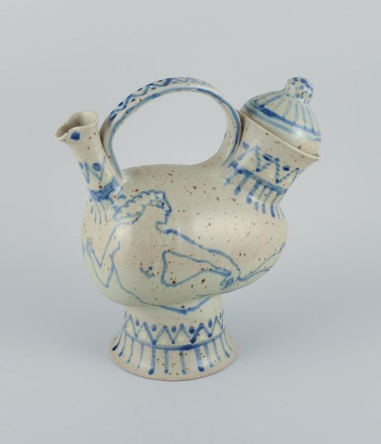 Glazed French Potter, Large Unique Ceramic Jug in Greek Style For Sale