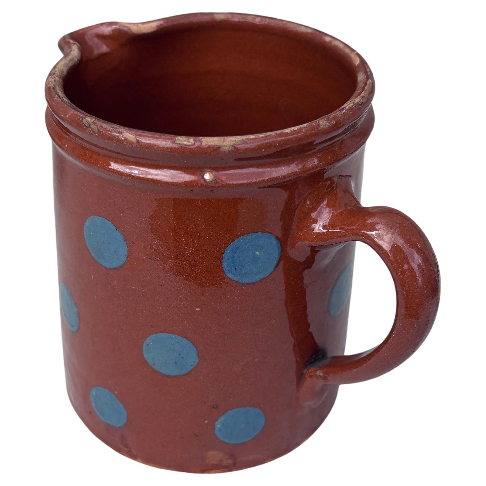 Country French Pottery Blue Dots Pitcher Savoie Circa 1890 For Sale