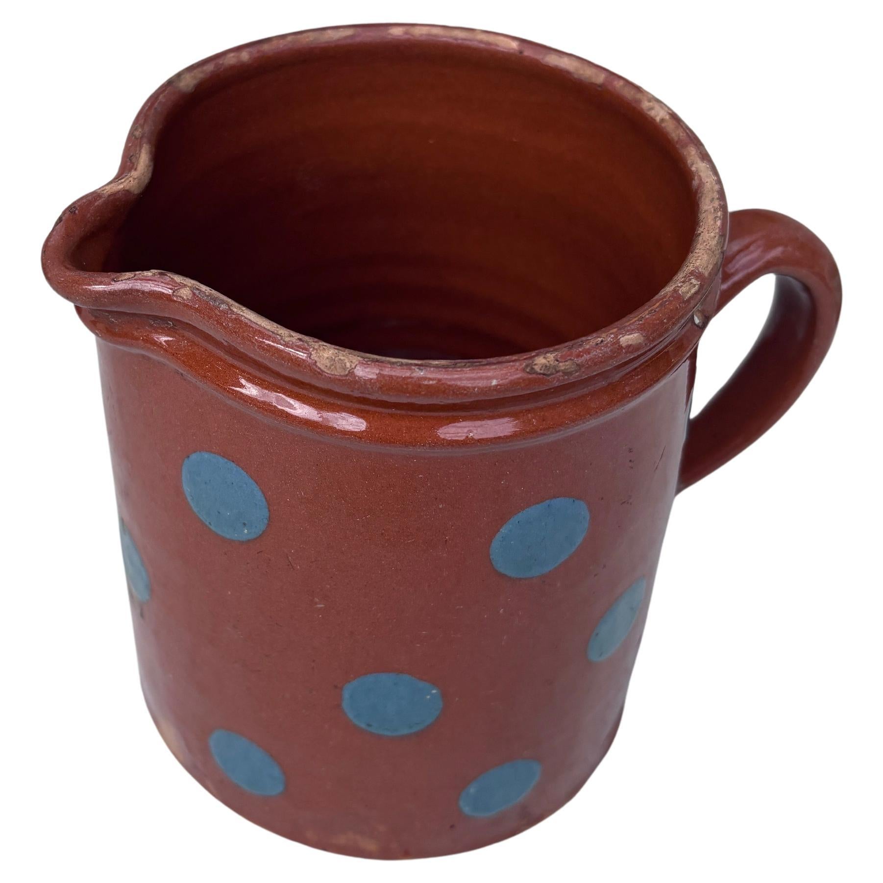 Late 19th Century French Pottery Blue Dots Pitcher Savoie Circa 1890 For Sale