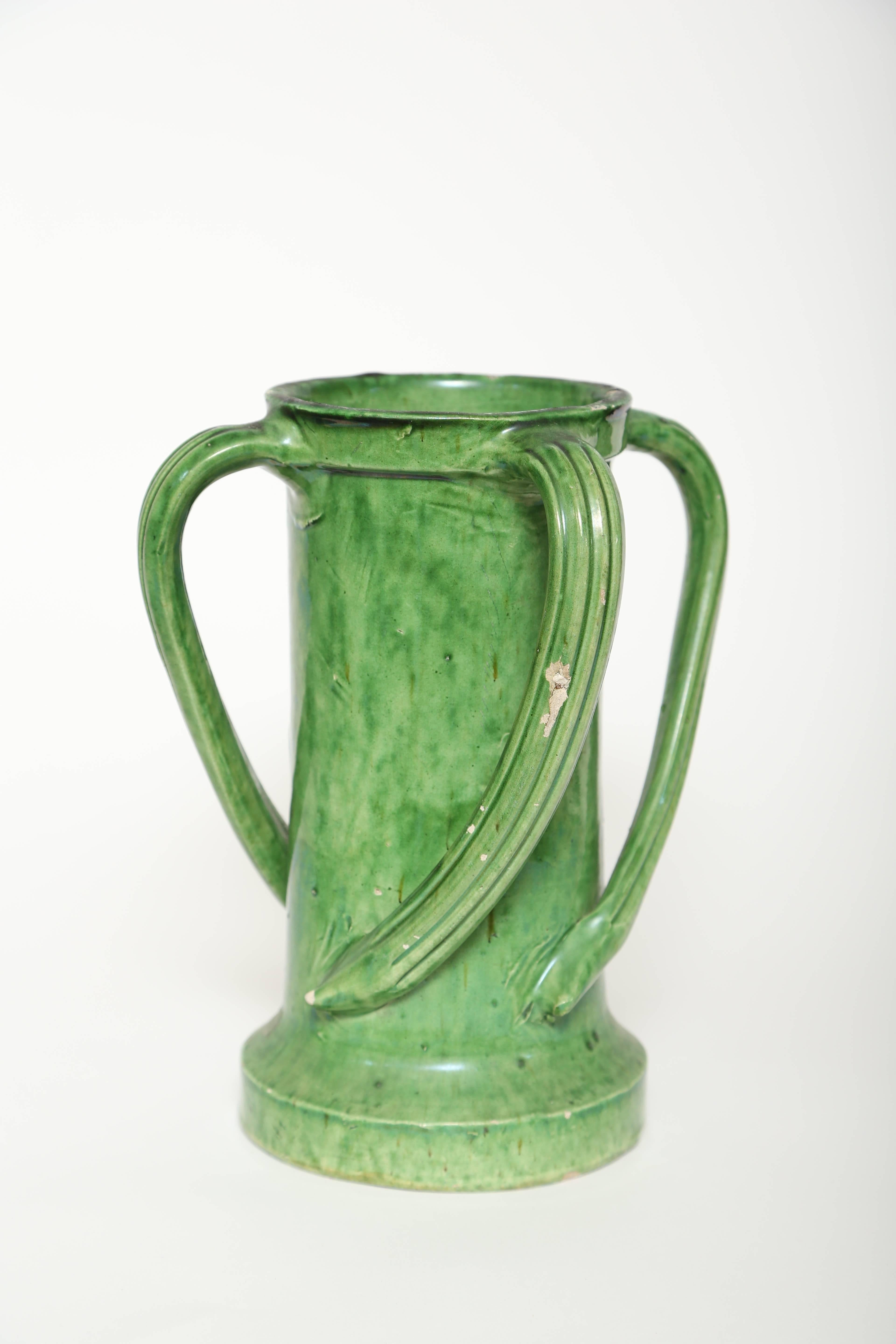 Pottery  Four Handled French Green Glazed Ceramic Vase 
