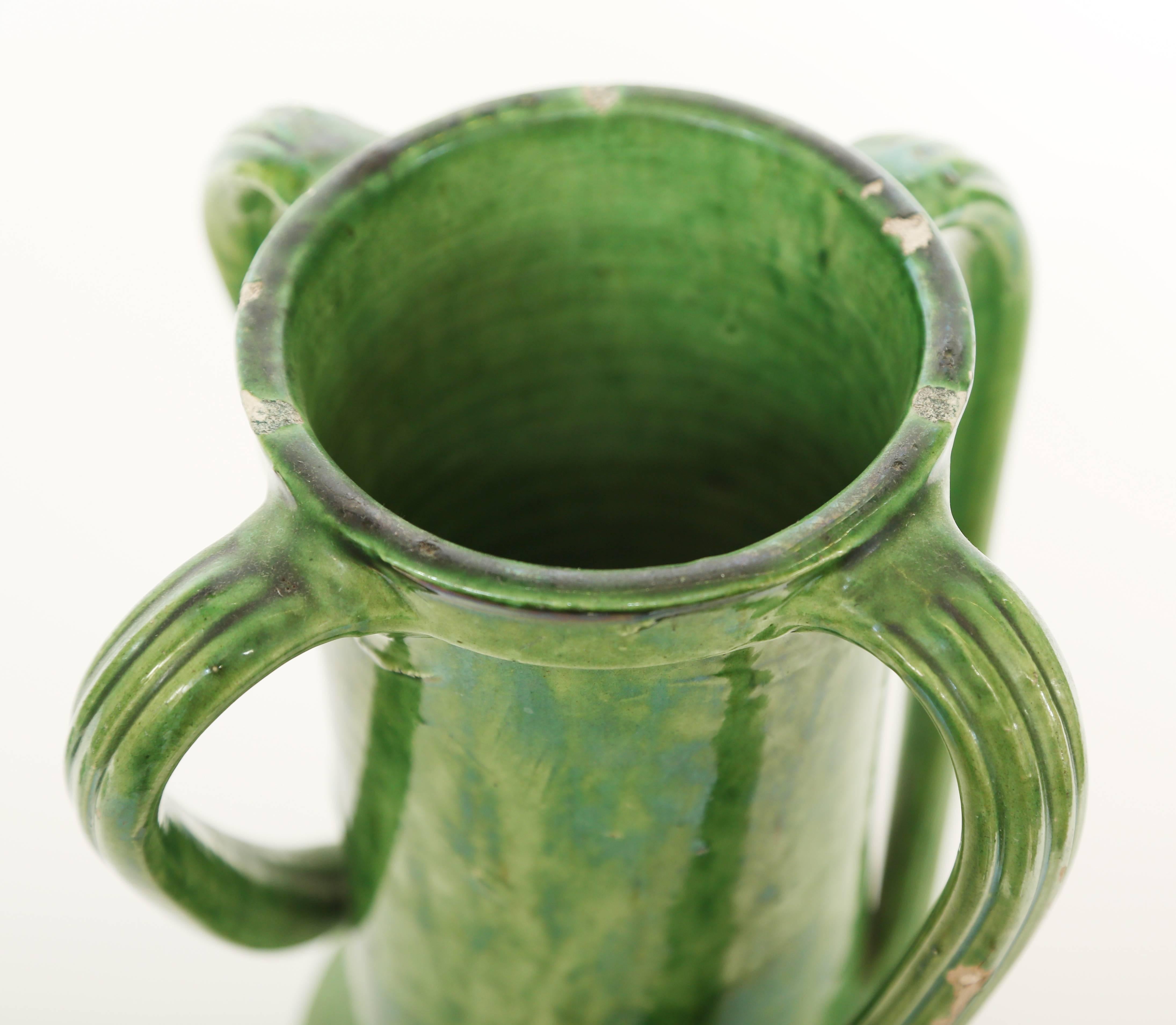 French Provincial  Four Handled French Green Glazed Ceramic Vase 