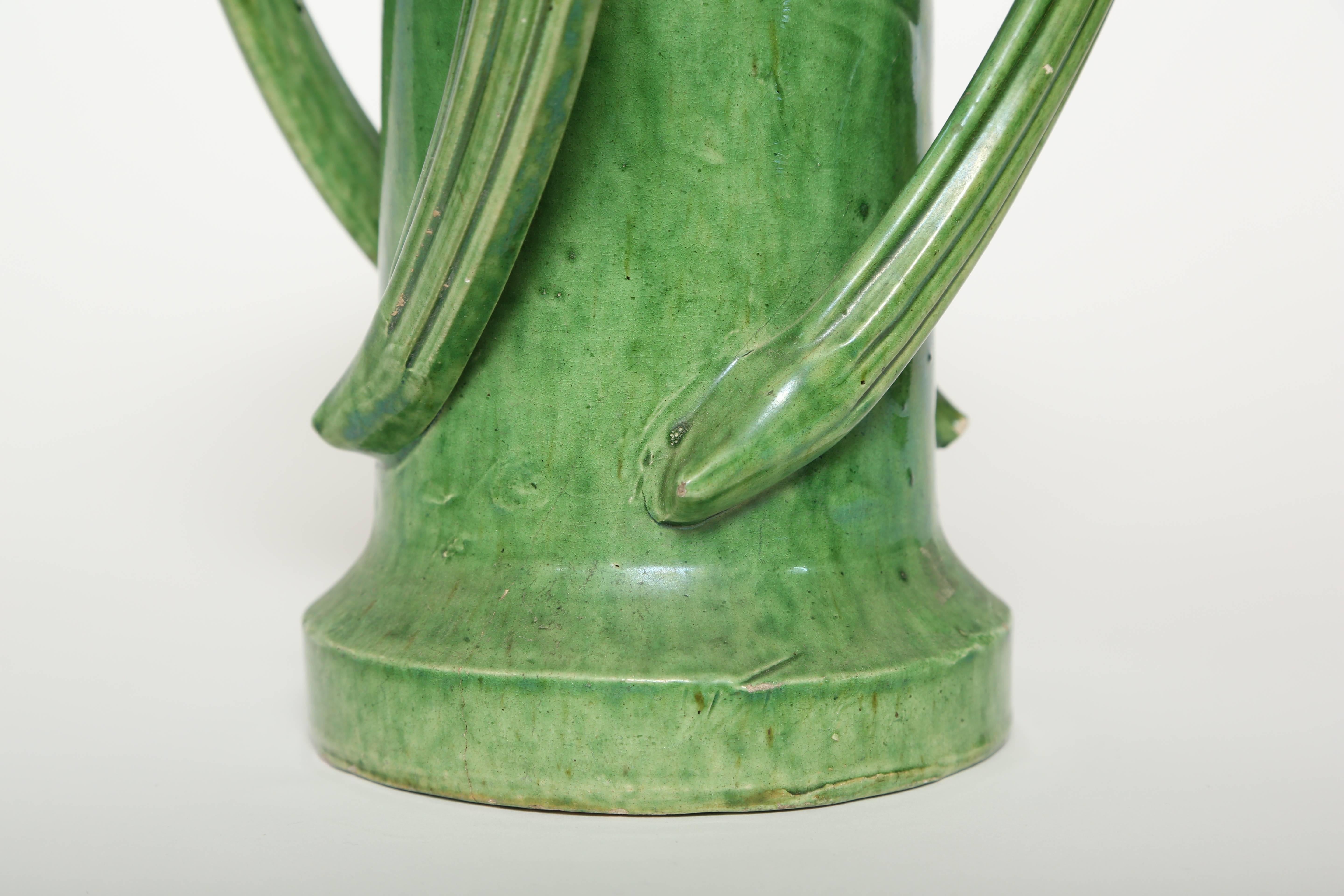  Four Handled French Green Glazed Ceramic Vase  In Good Condition In West Palm Beach, FL