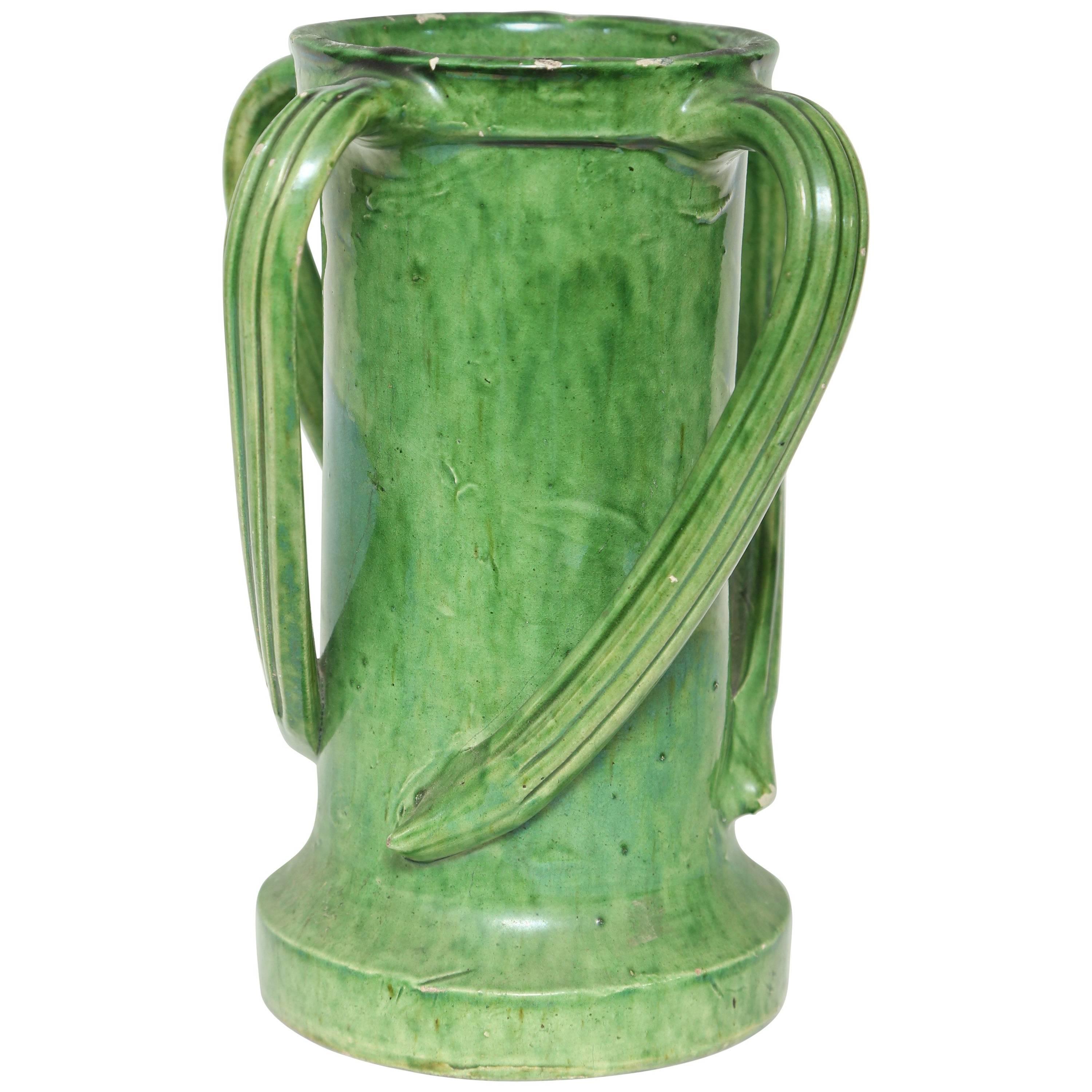  Four Handled French Green Glazed Ceramic Vase 