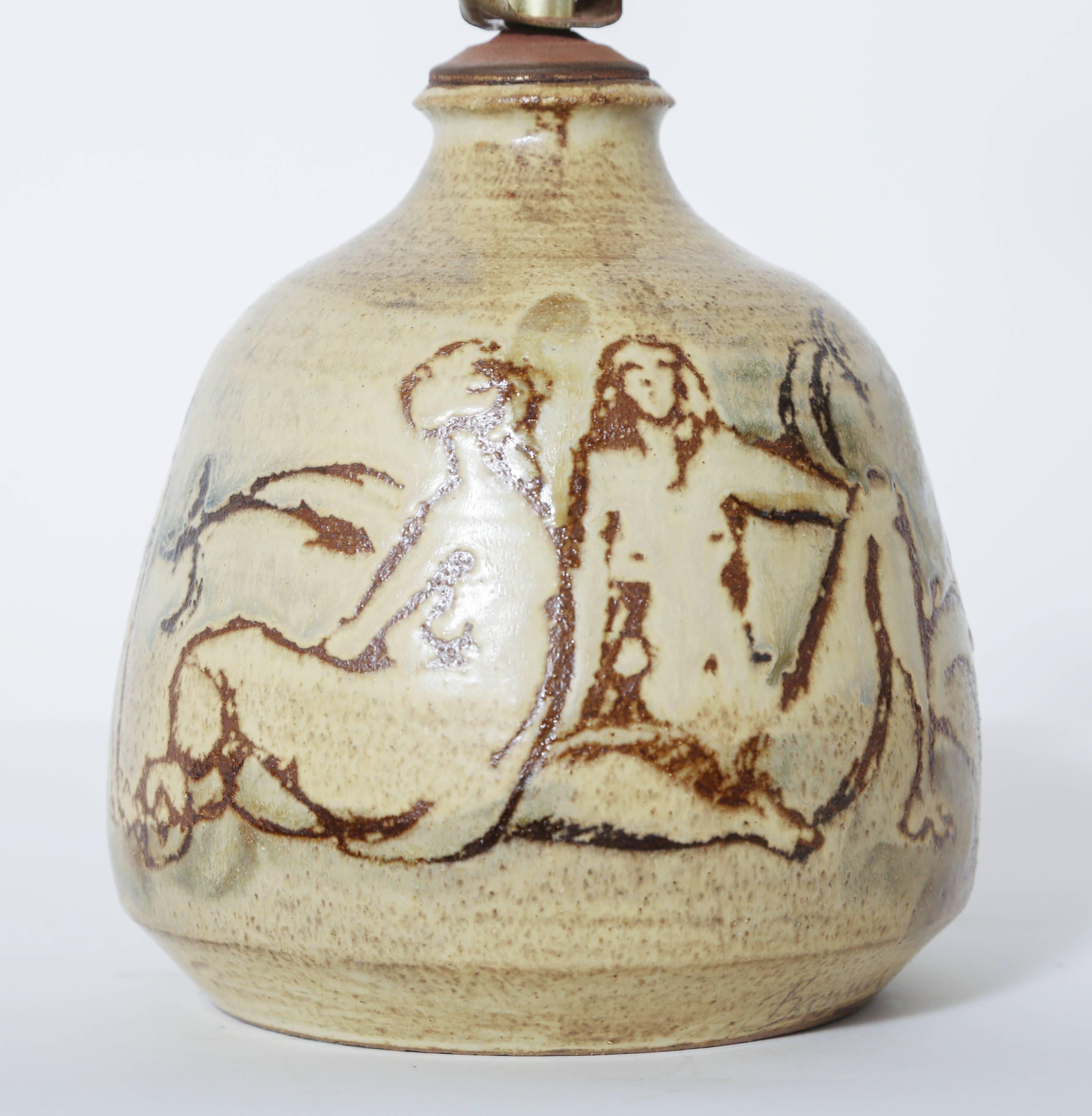 French glazed pottery lamp incised with figures of six nude women. 
Good working order.

Signed illegibly with name starting with letter B.