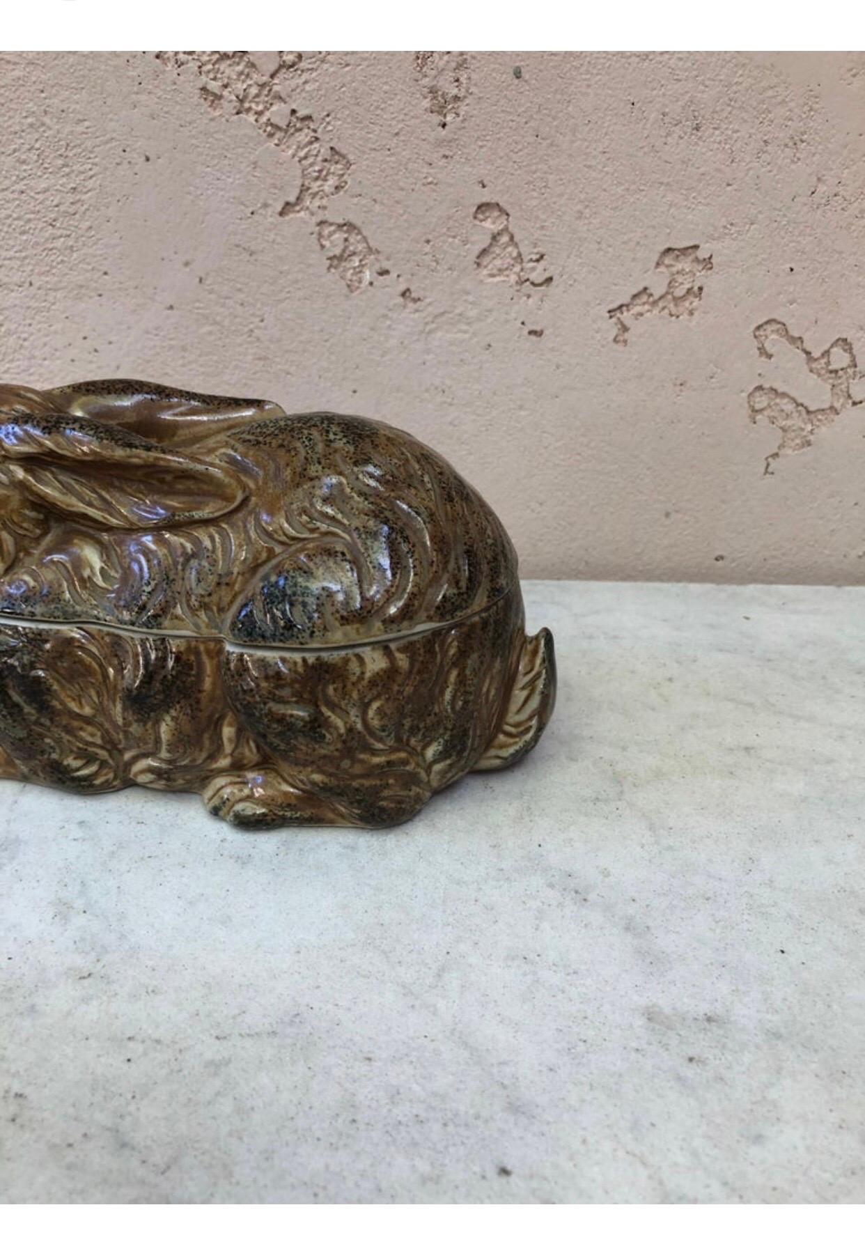 French Pottery Majolica Brown Rabbit Pate Tureen, circa 1920 In Good Condition In Austin, TX
