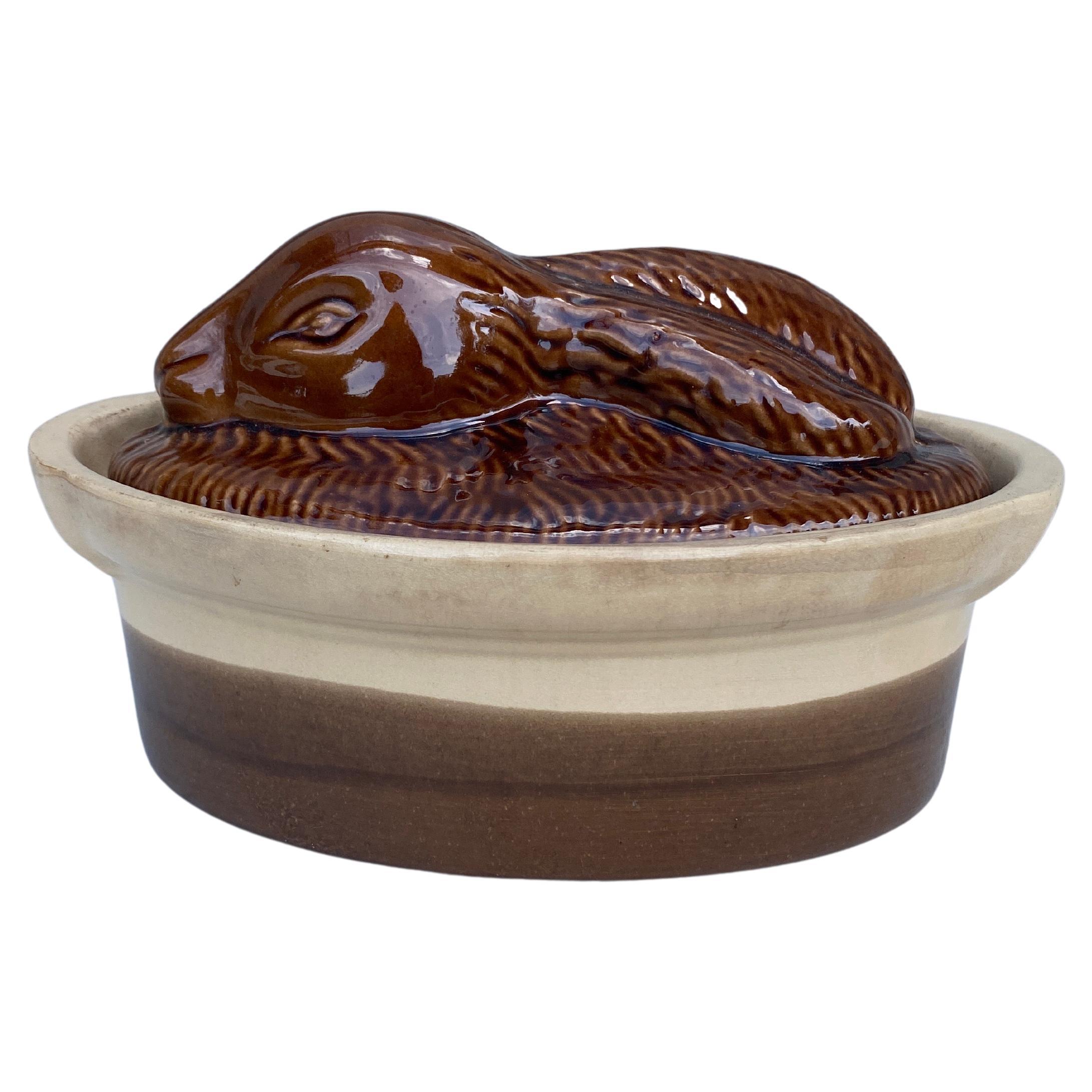 Sopera de paté de conejo de mayólica de cerámica francesa circa 1950