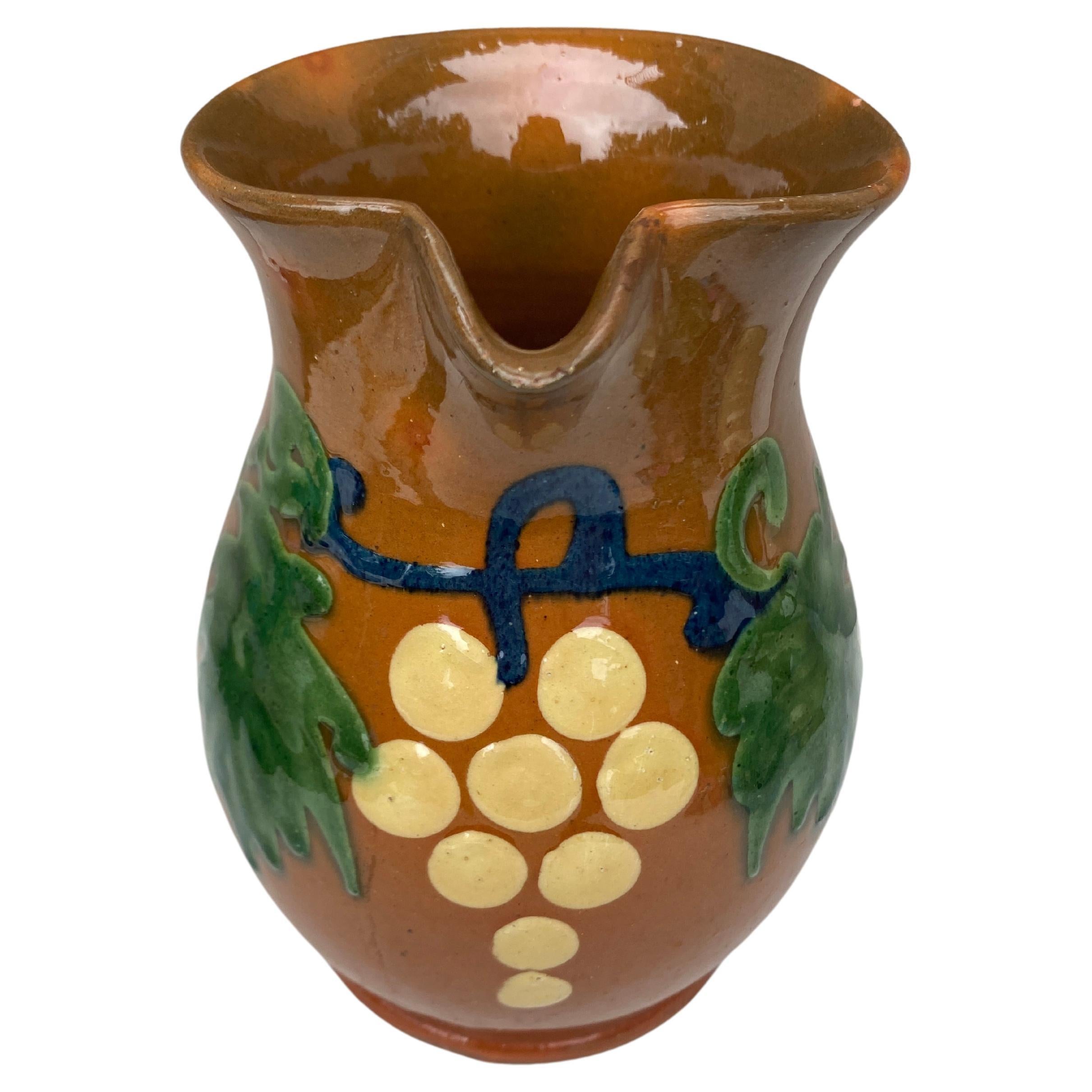 Late 19th Century French Pottery Pitcher Savoie With Grapes , Circa 1890 For Sale