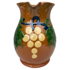 Antique French Pottery Pitcher Savoie With Grapes , Circa 1890