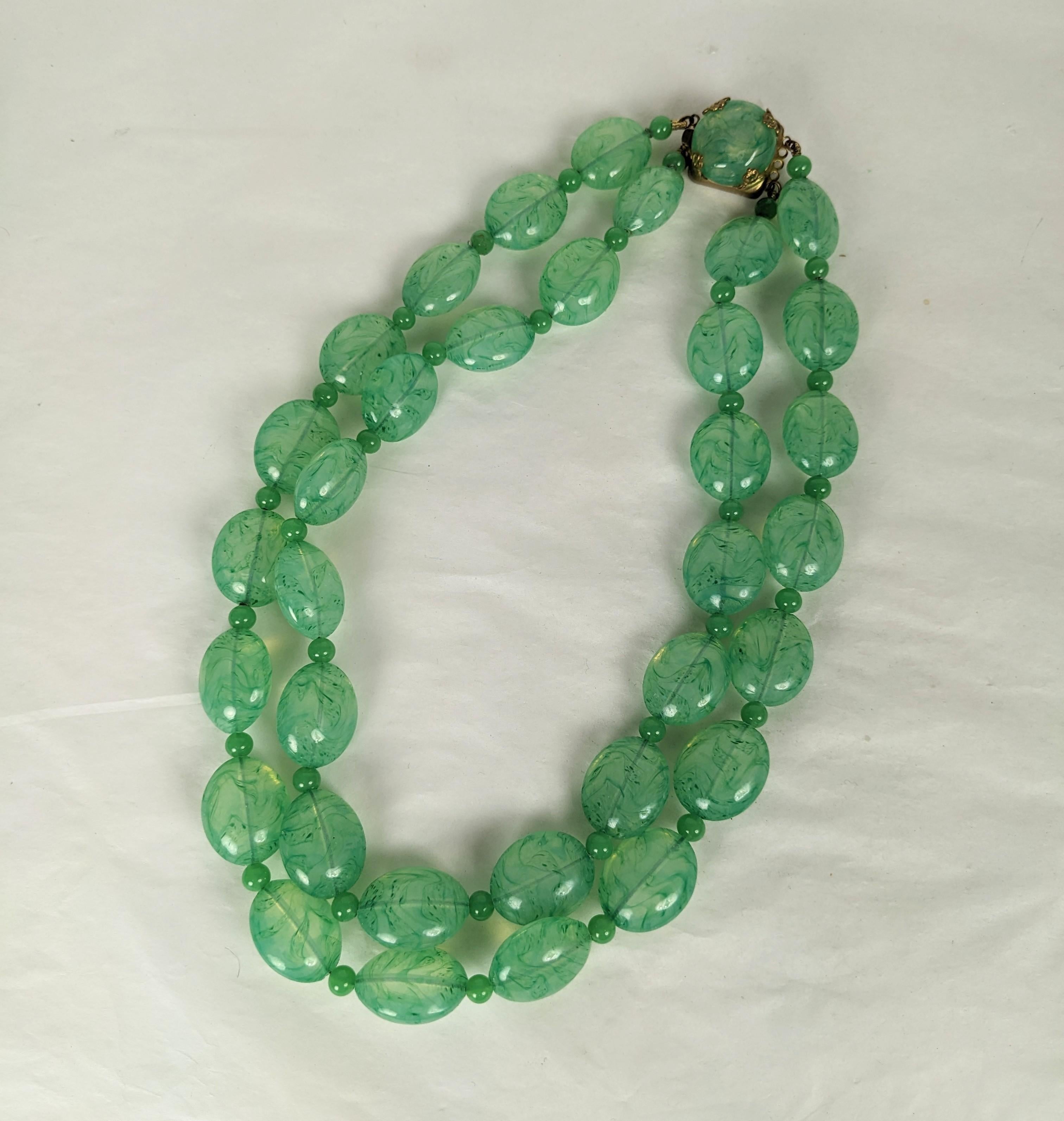 Artisan French Poured Glass Faux Jade Beads, Gripoix For Sale