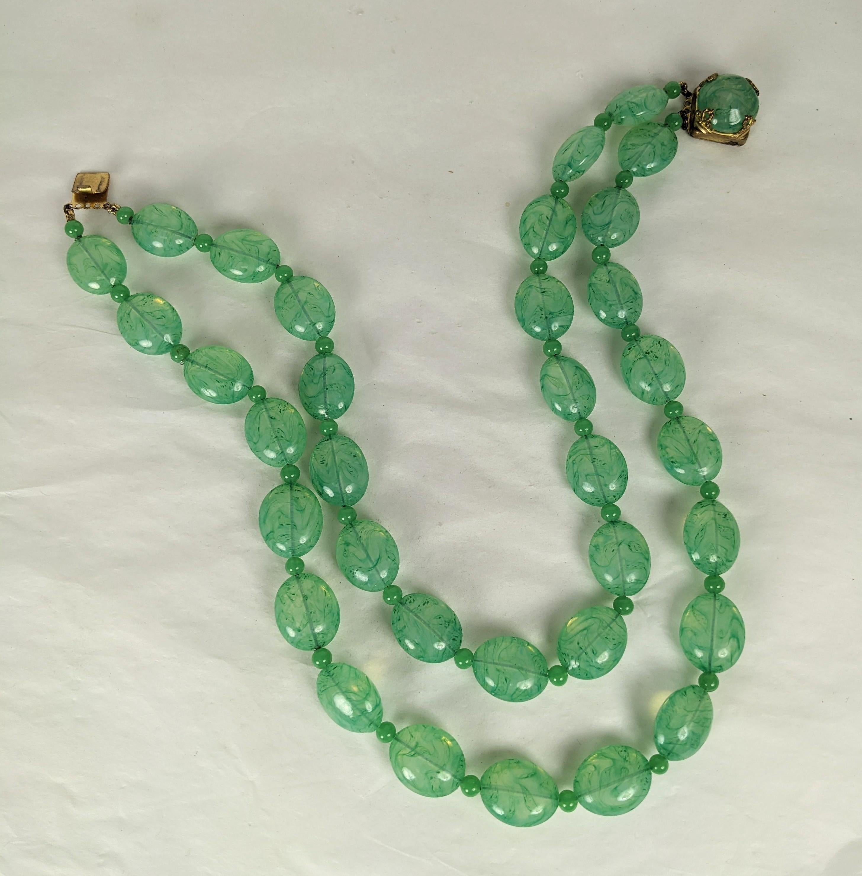 French Poured Glass Faux Jade Beads, Gripoix In Good Condition For Sale In New York, NY