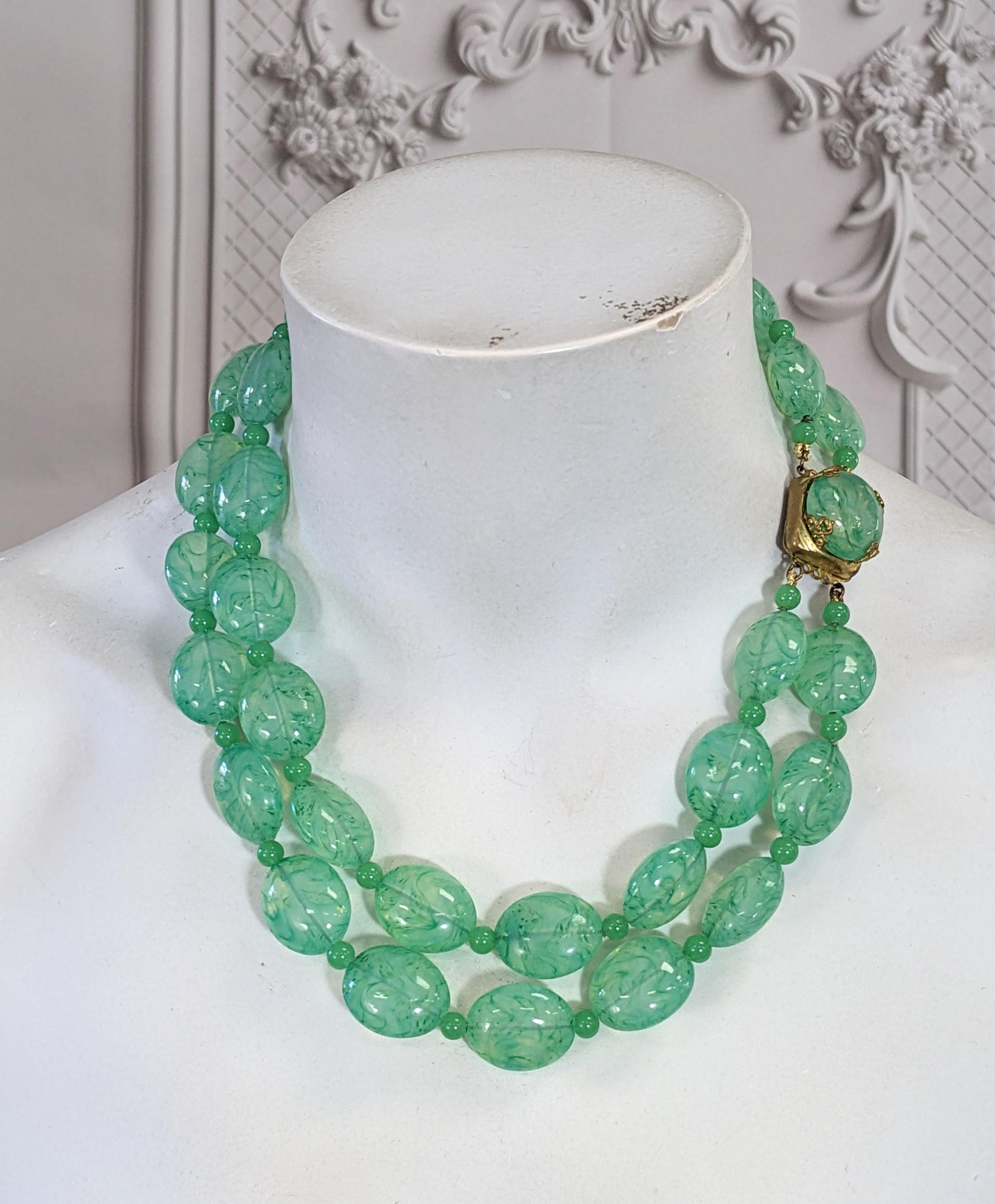 French Poured Glass Faux Jade Beads, Gripoix For Sale 2
