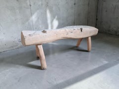 French Primitive Bench, Bleached Solid Wood, Tripod Legs, 1950s