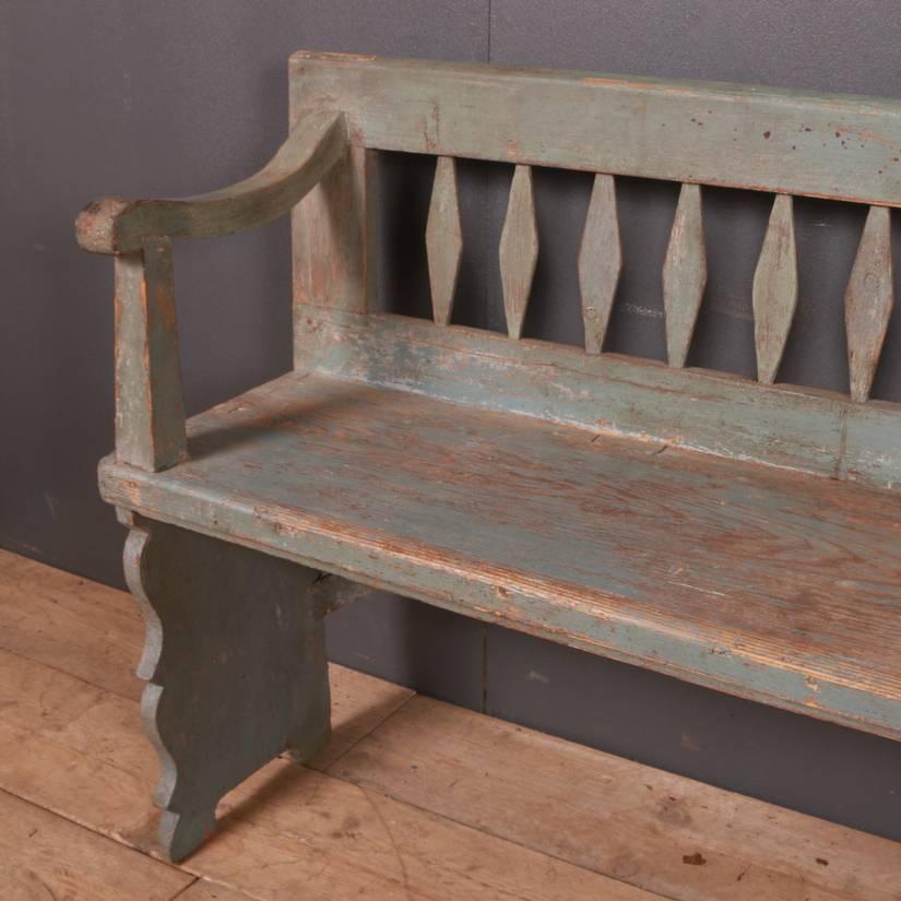19th century French original painted primitive bench, 1820.

Height to the seat 20
