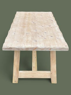 French Primitive Bleached Pine Farmhouse Dining Table, Trestle Base, 1950s