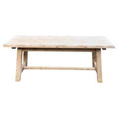 French Primitive Bleached Pine Farmhouse Dining Table, Trestle Base, 1950s