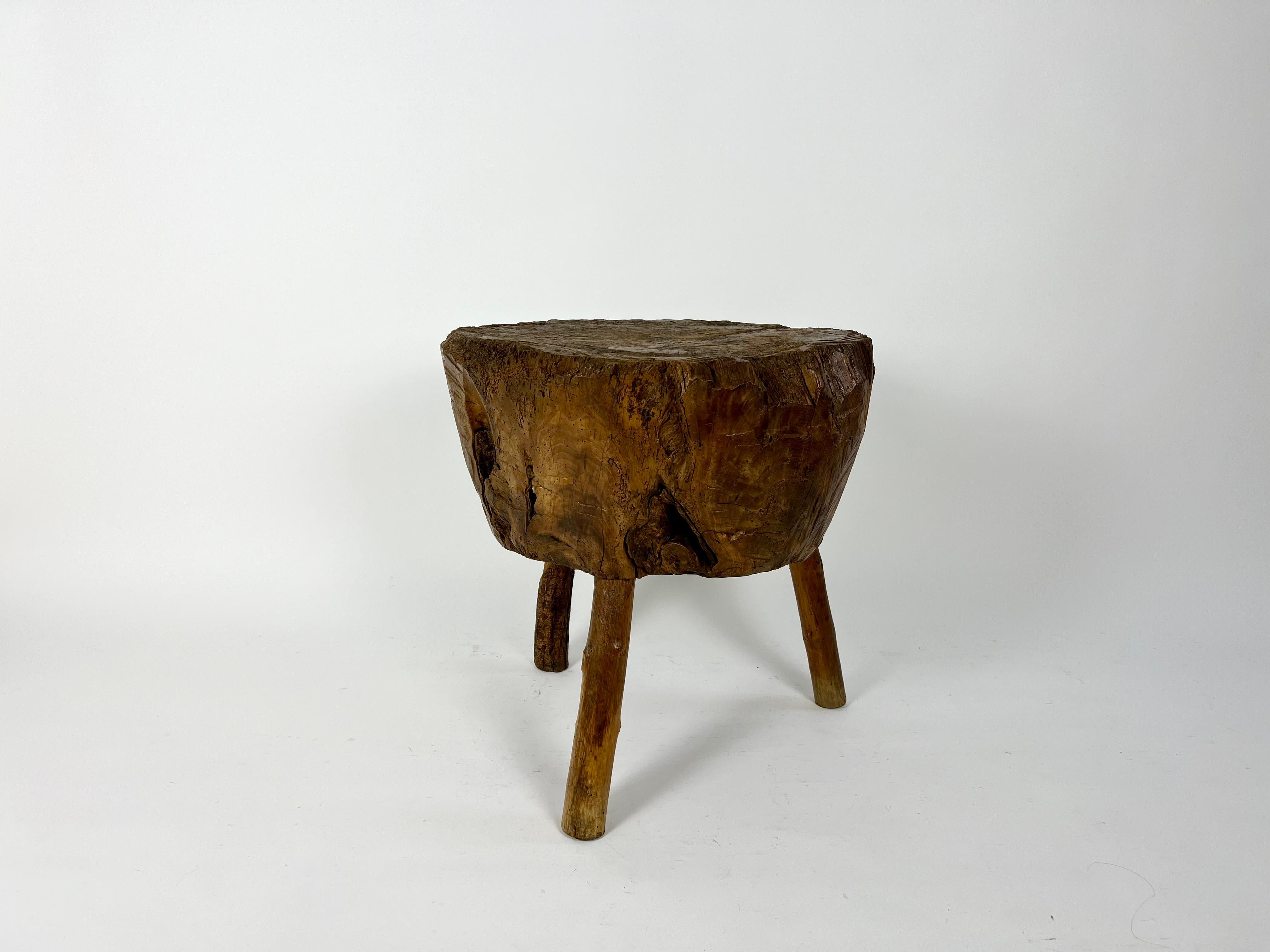 20th Century French primitive brutalist chopping block side table, early 20th century For Sale