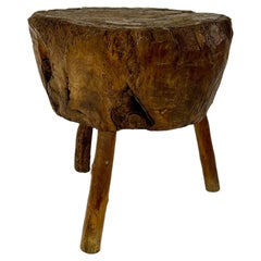 Used French primitive brutalist chopping block side table, early 20th century