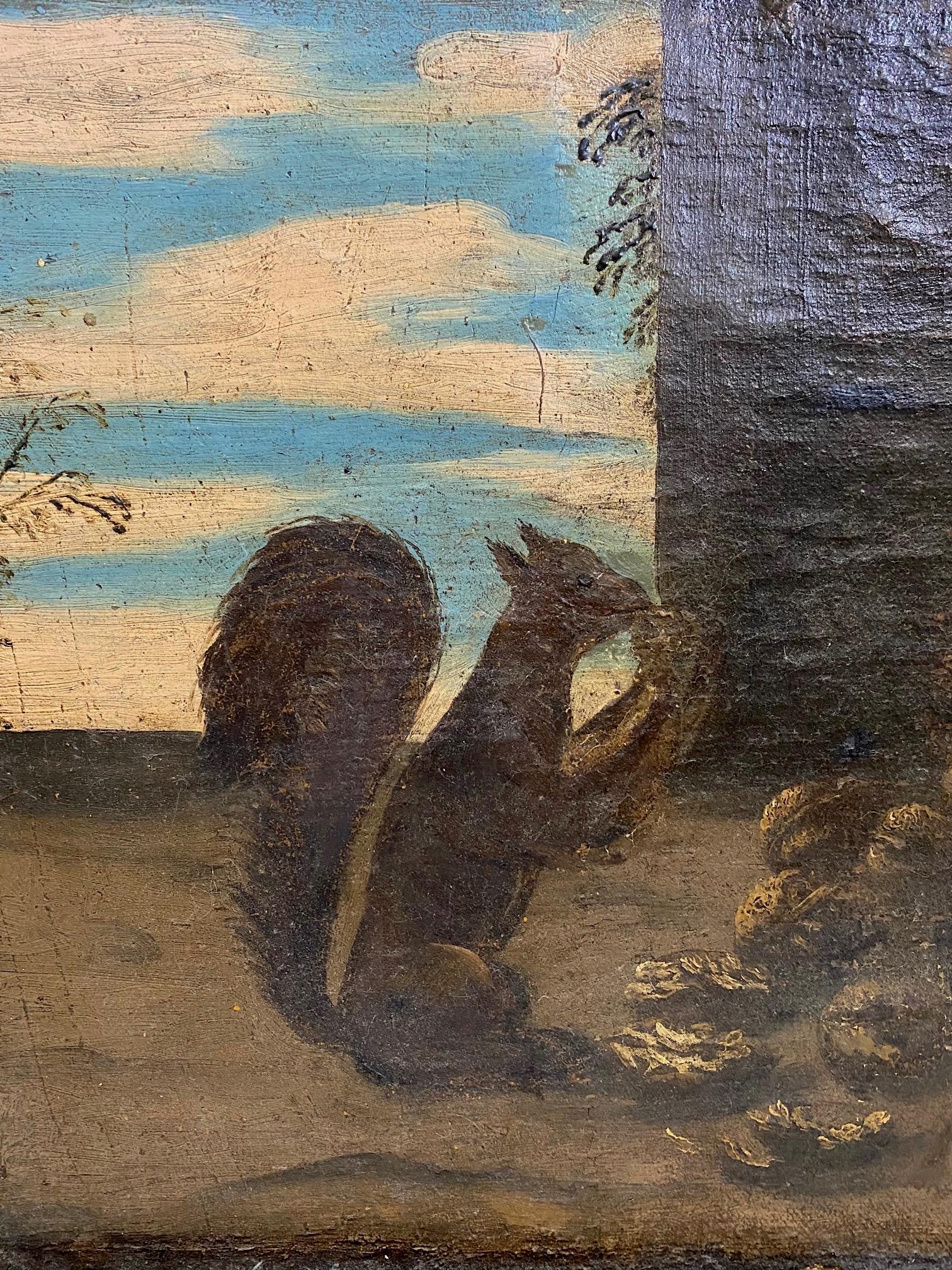 Great and Fun Folk Art painting of a squirrel eating nuts roughly late 18th century, early 19th century. Painted on linen in a striking antique wooden frame, this sweet painting found me in an antique shop in the south of France many many years ago.