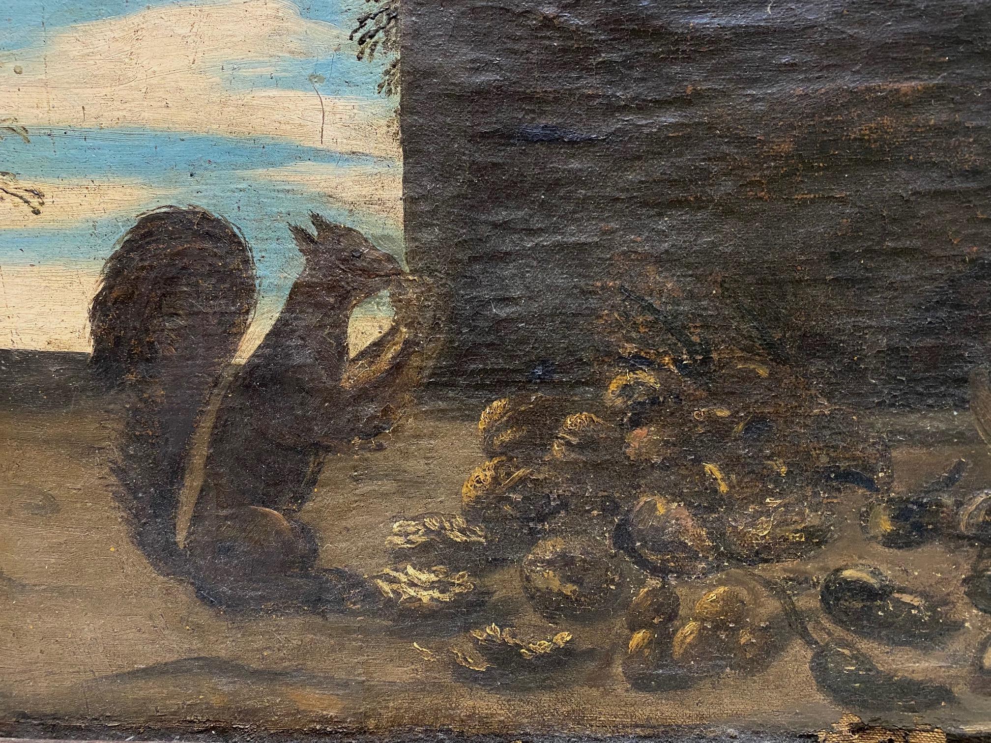 19th Century French Folk Art Painting of a Squirrel Eating Nuts