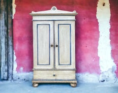 French Primitive Petite Blue & White Painted Pine Armoire / Wall Cabinet