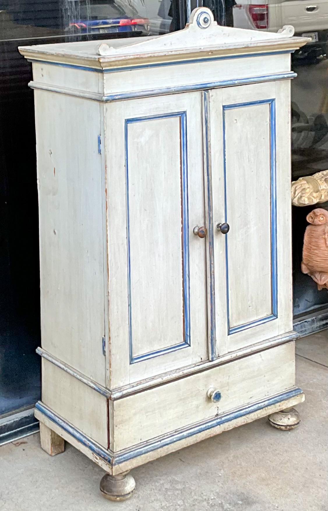 20th Century French Primitive Petite Blue & White Painted Pine Armoire / Wall Cabinet 