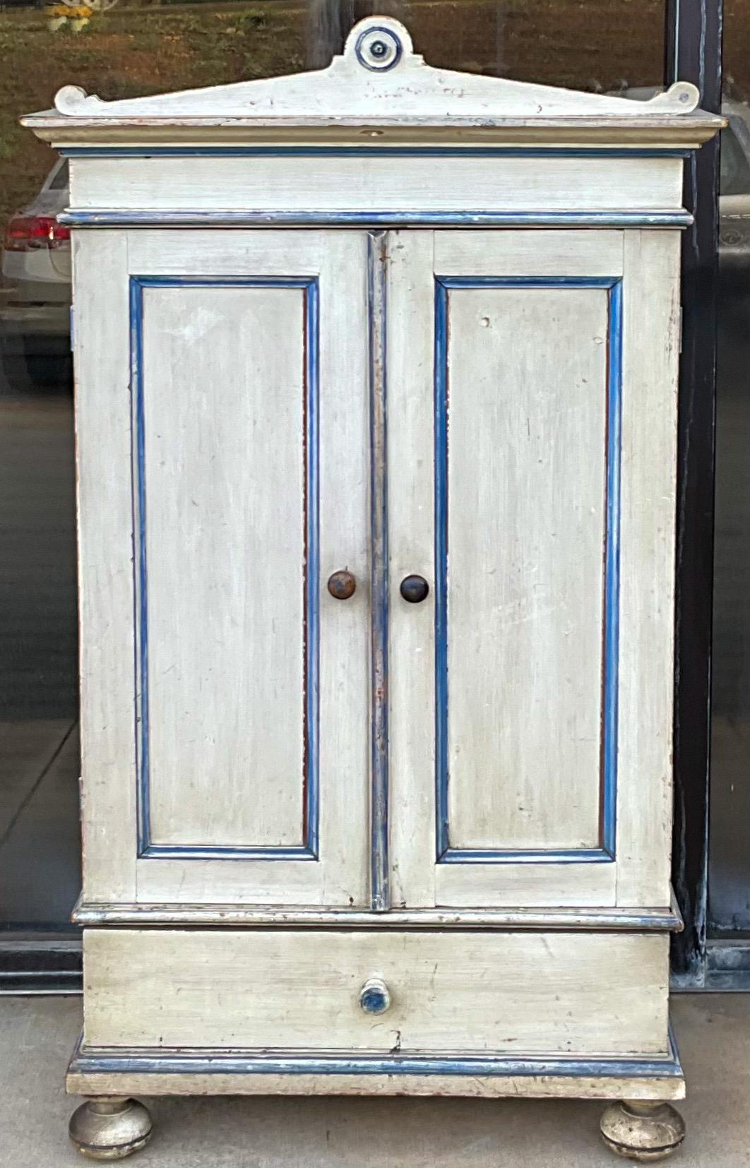 French Primitive Petite Blue & White Painted Pine Armoire / Wall Cabinet  2