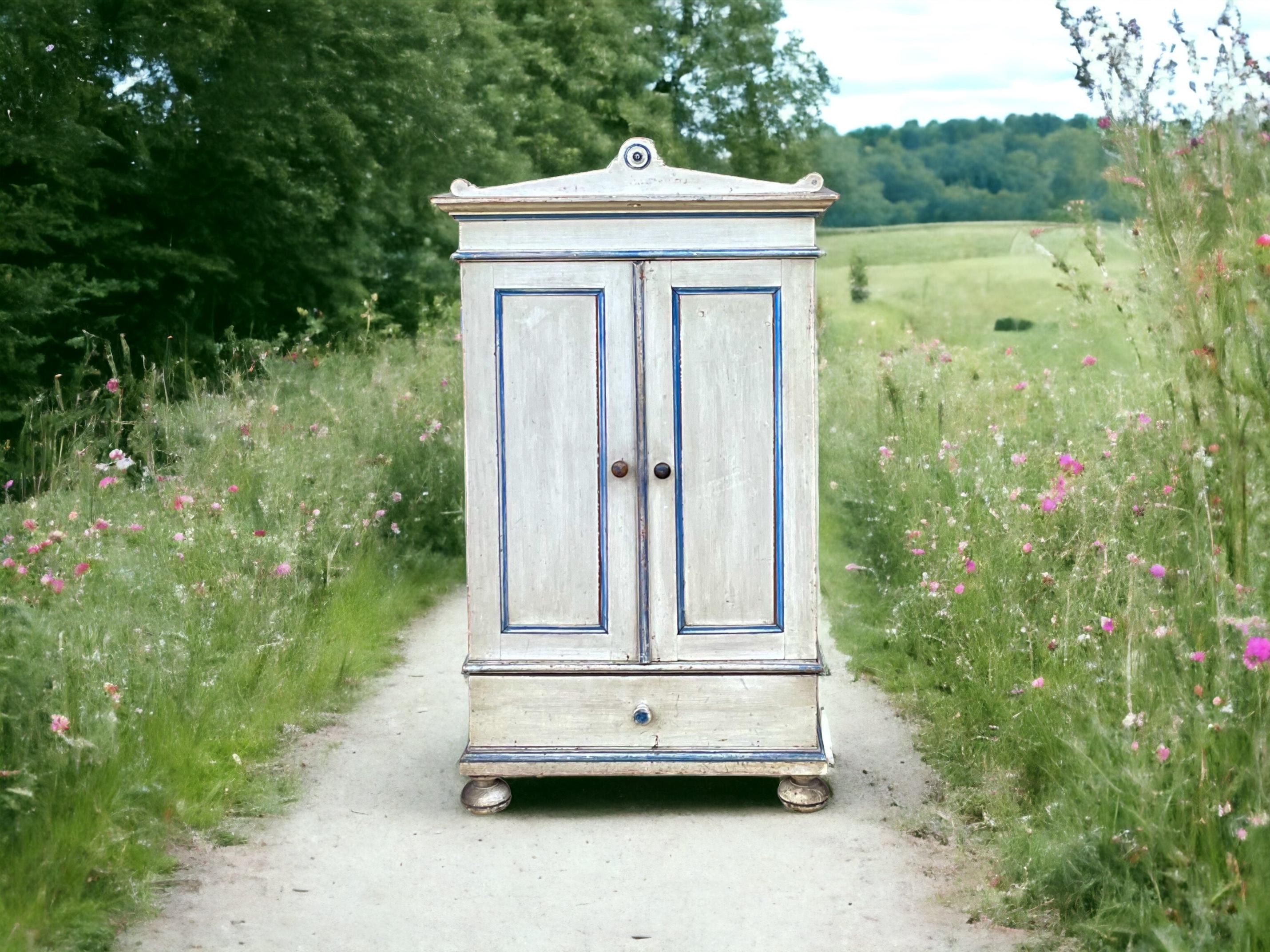 French Primitive Petite Blue & White Painted Pine Armoire / Wall Cabinet  3