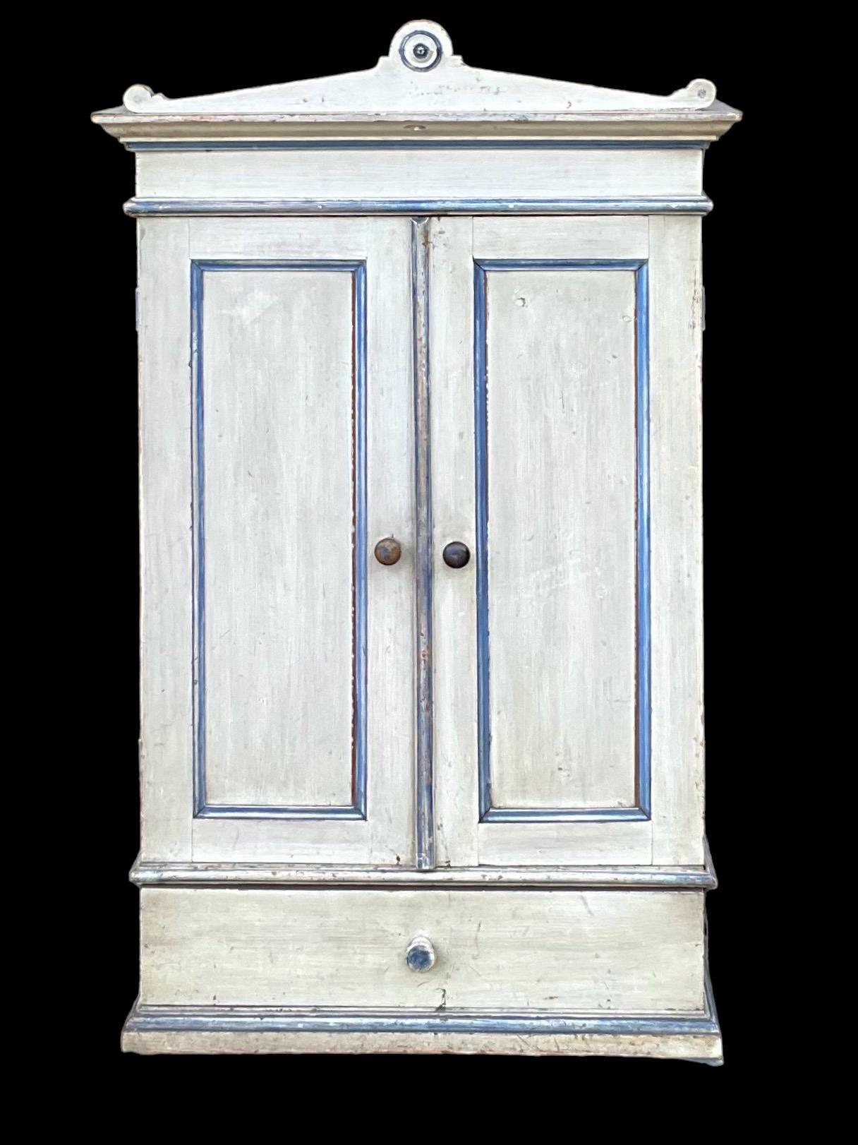 French Primitive Petite Blue & White Painted Pine Armoire / Wall Cabinet  4