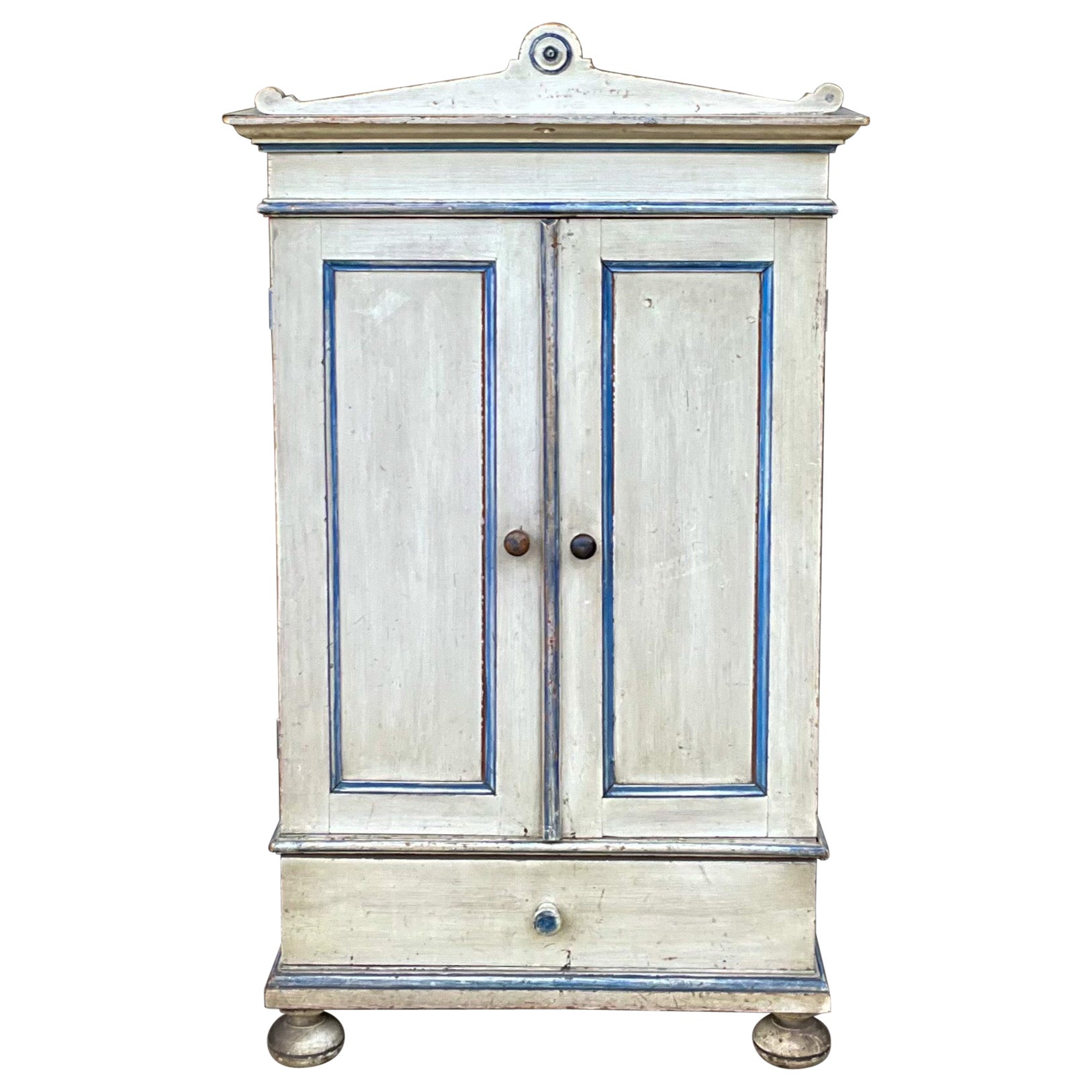 French Primitive Petite Blue 
White Painted Pine Armoire / Wall Cabinet