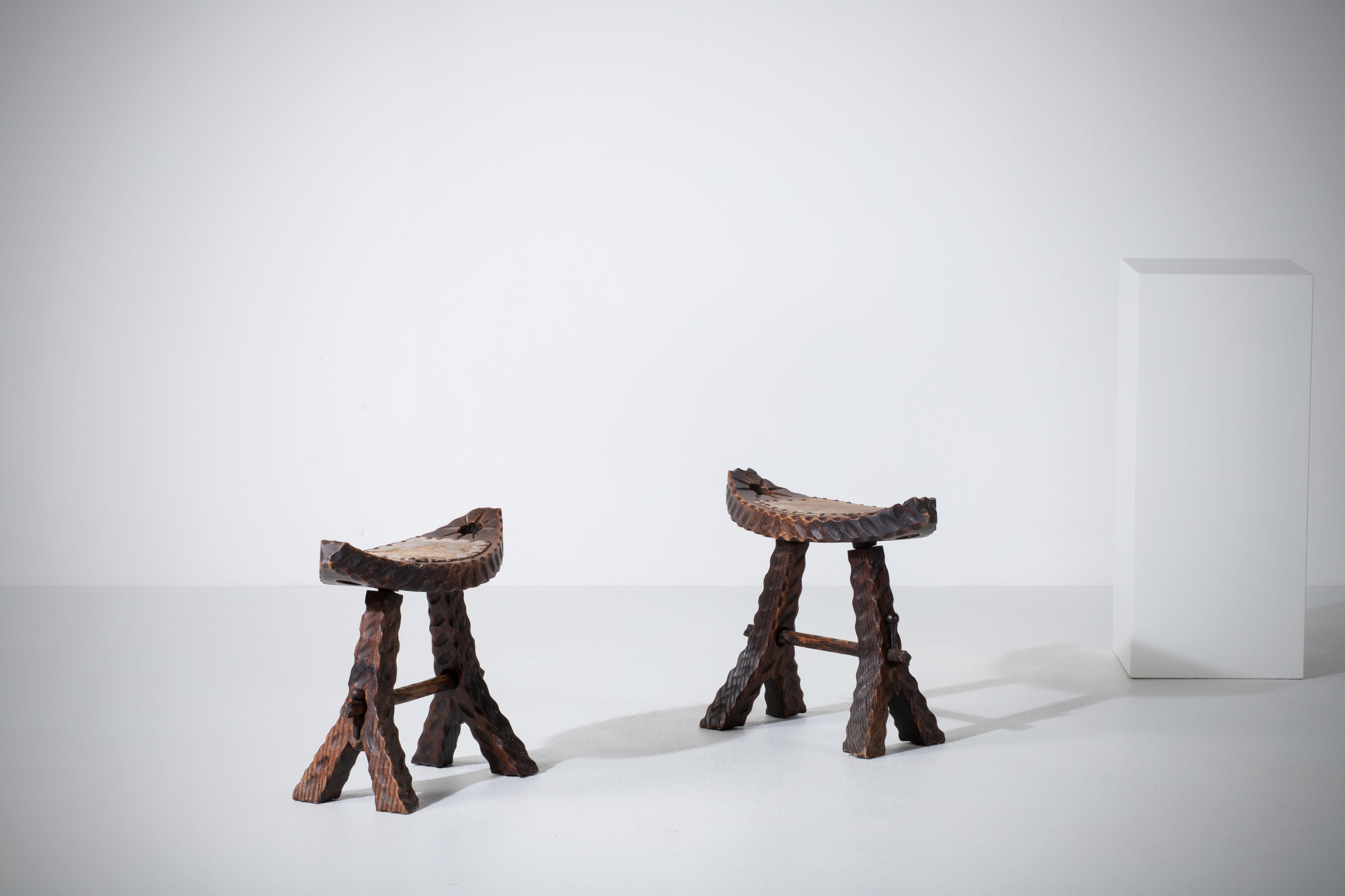 Mid-Century Modern French Primitive Stool, a Pair For Sale
