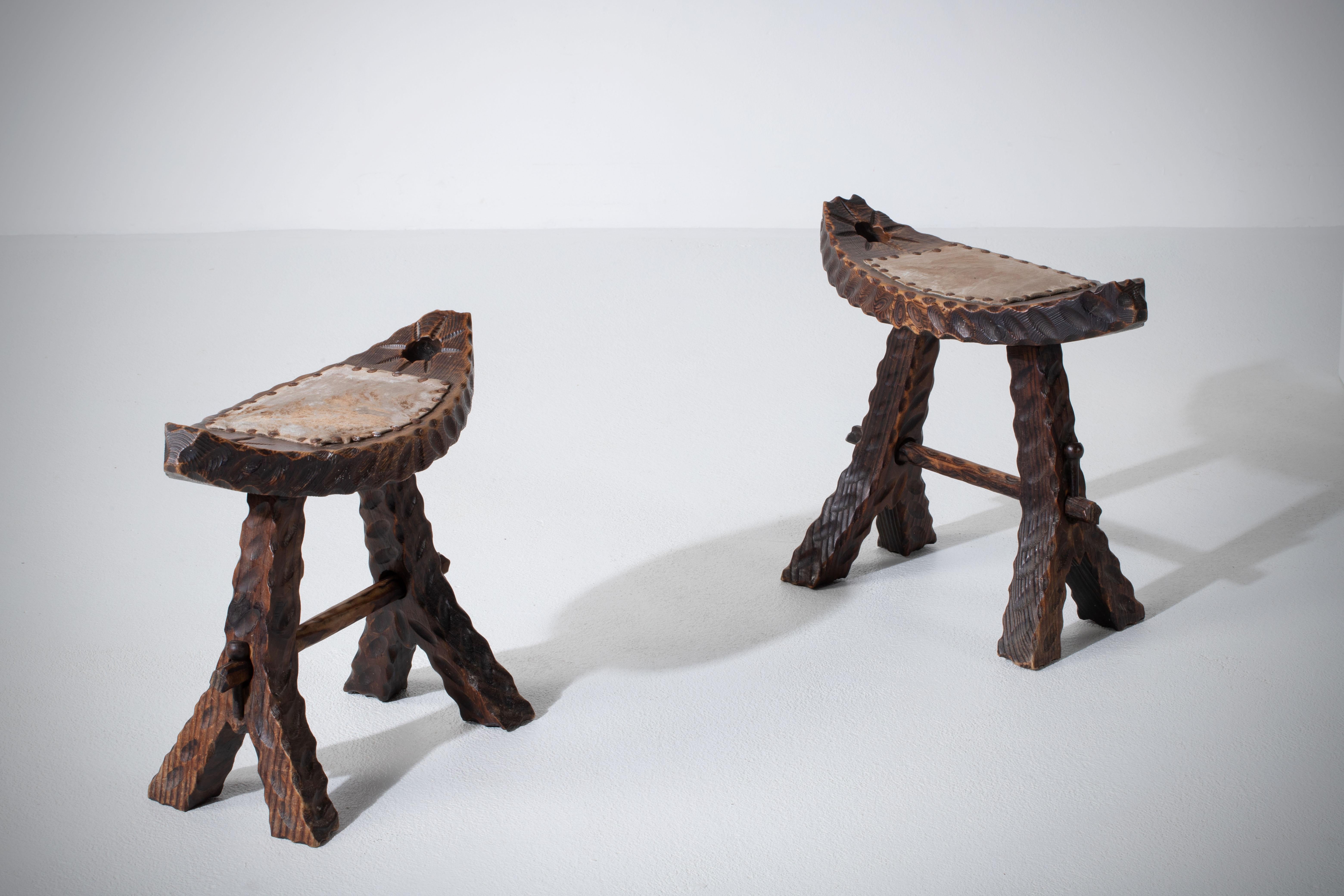 African French Primitive Stool, a Pair