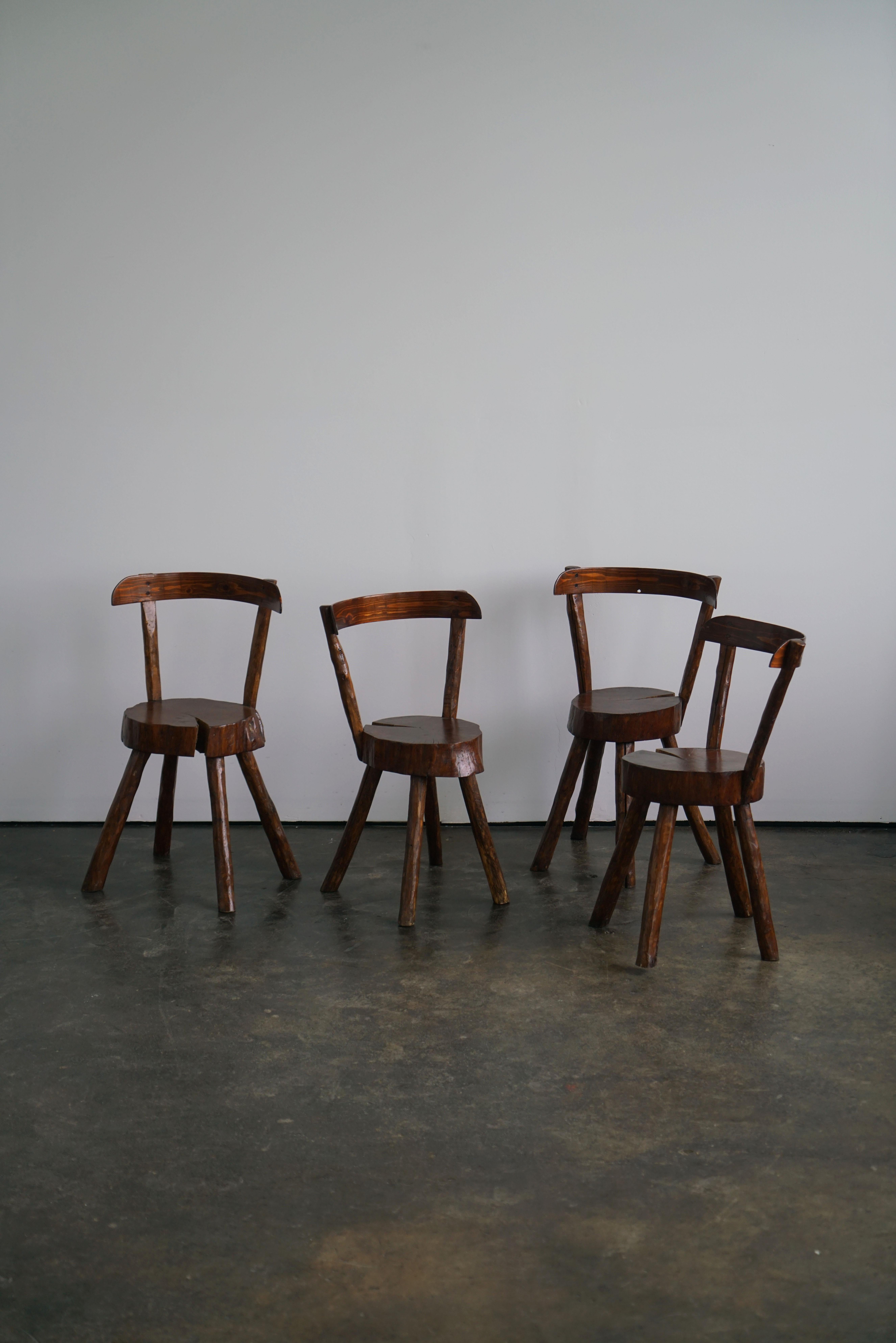 French dining chairs

Elm, unmarked

Acquired from a farmhouse in the village of Fayence, France

4 available. Each are unique. 

Minor scratching and signs of use. Naturally occurring splits to slab seats. 
Stable condition 