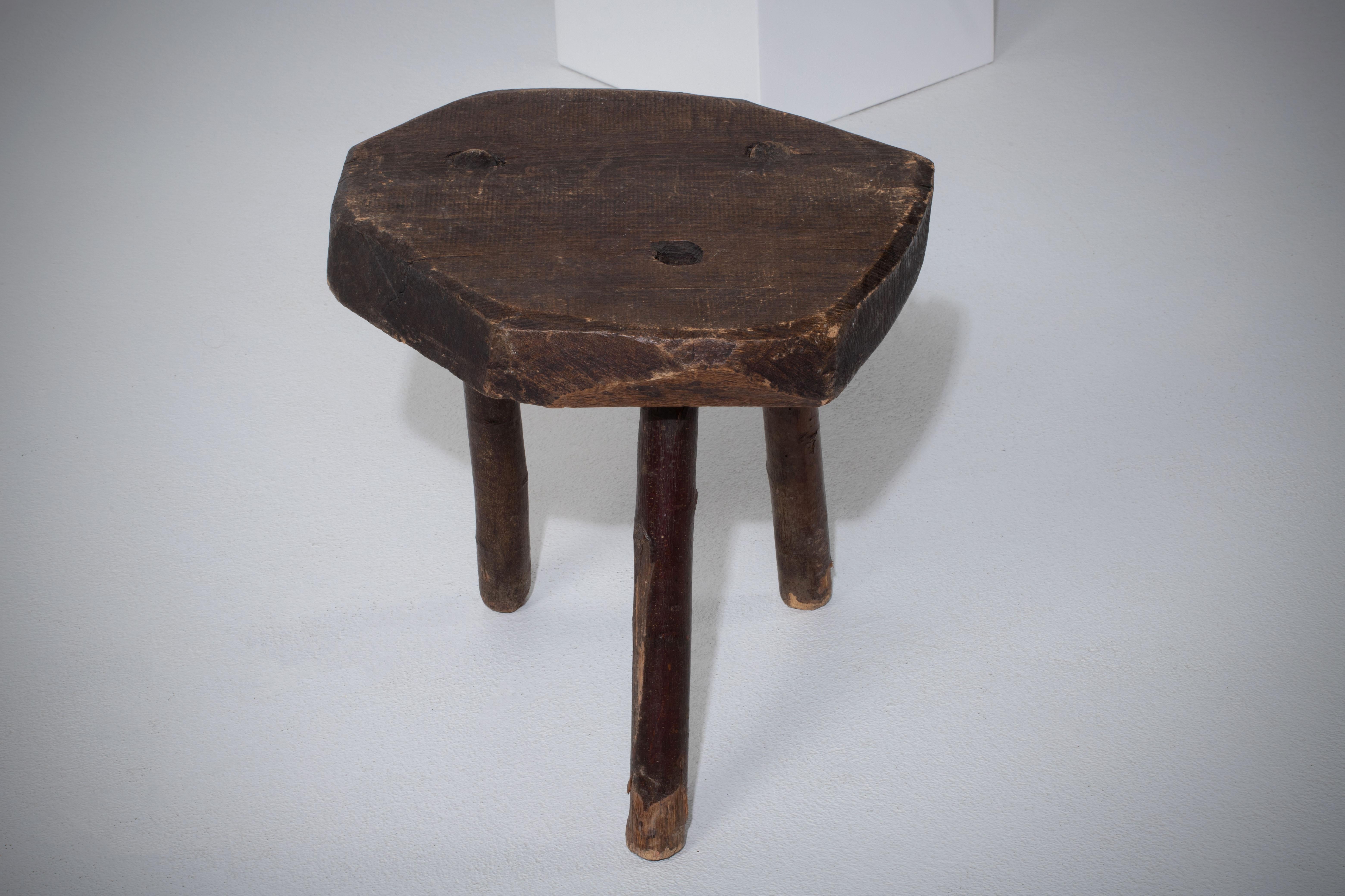 Hand-Carved French Primitive Tripod Stool, 1950s For Sale