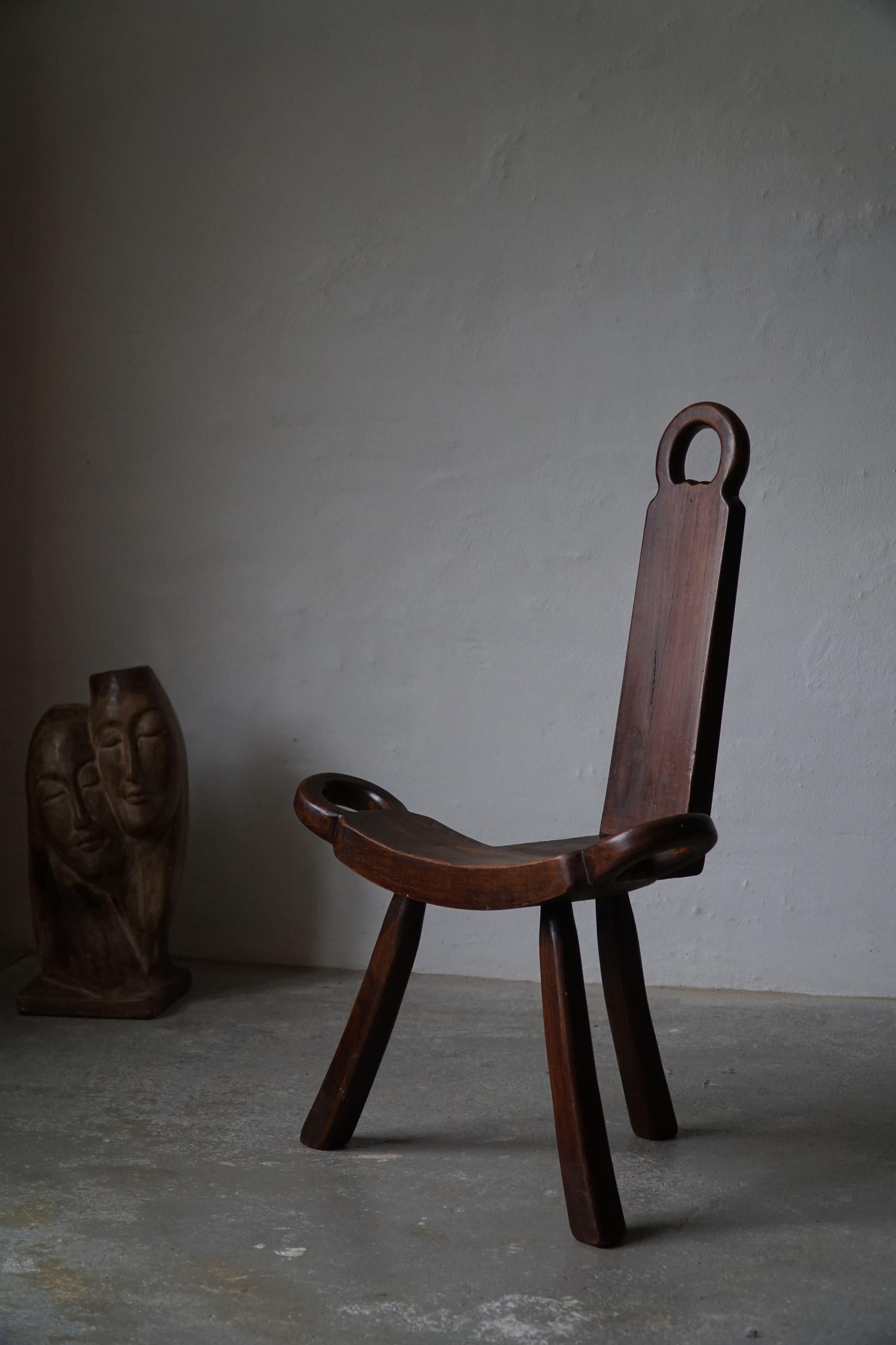 French Wooden Brutalist Tripod Chair, 1960s 1