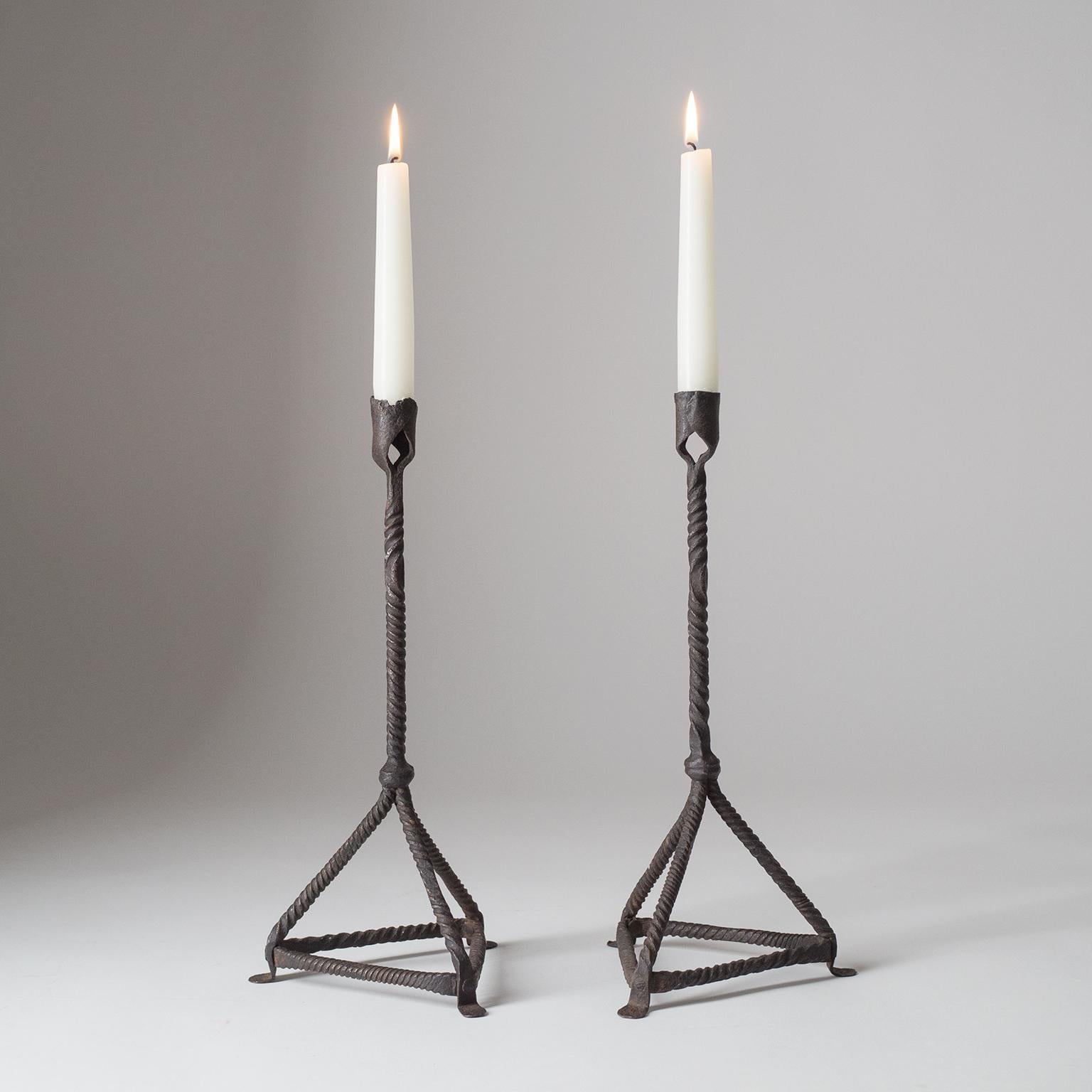 Art Deco French Primitive Wrought Iron Candlesticks