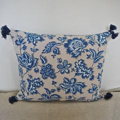 French Printed Cotton Blue and White Floral Pillow, circa 1930s