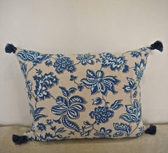 French Printed Cotton Blue and White Floral Pillow, circa 1930s