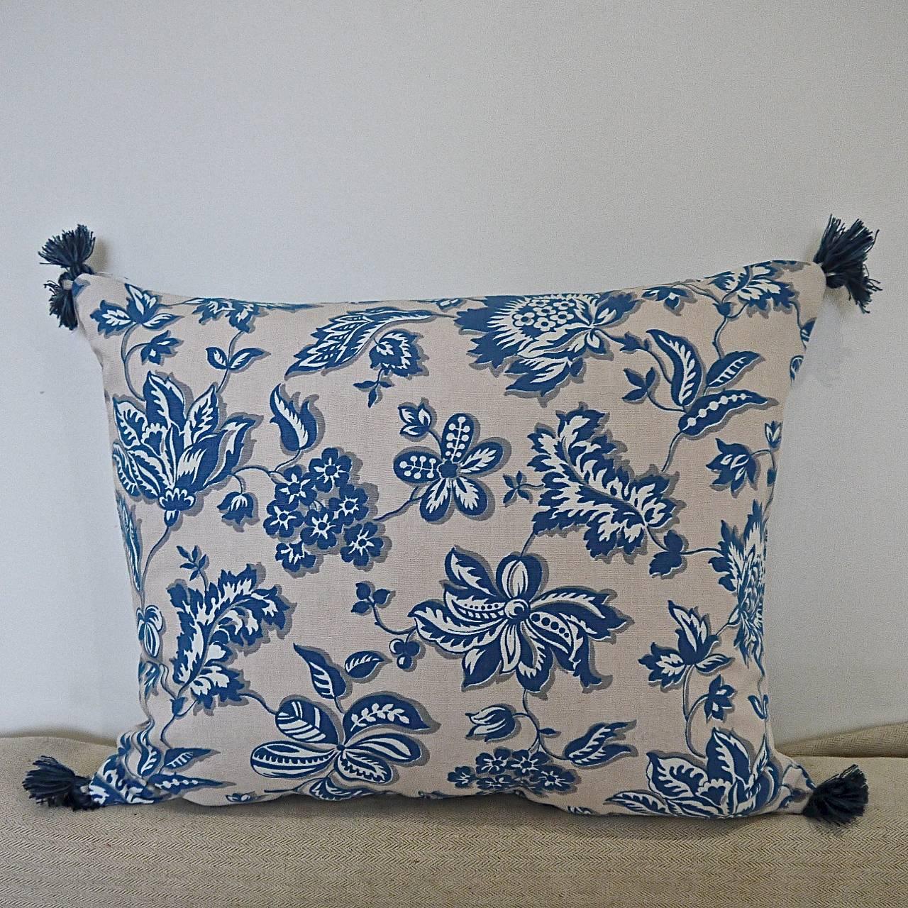 20th Century French Printed Cotton Blue and White Floral Pillow, circa 1930s For Sale