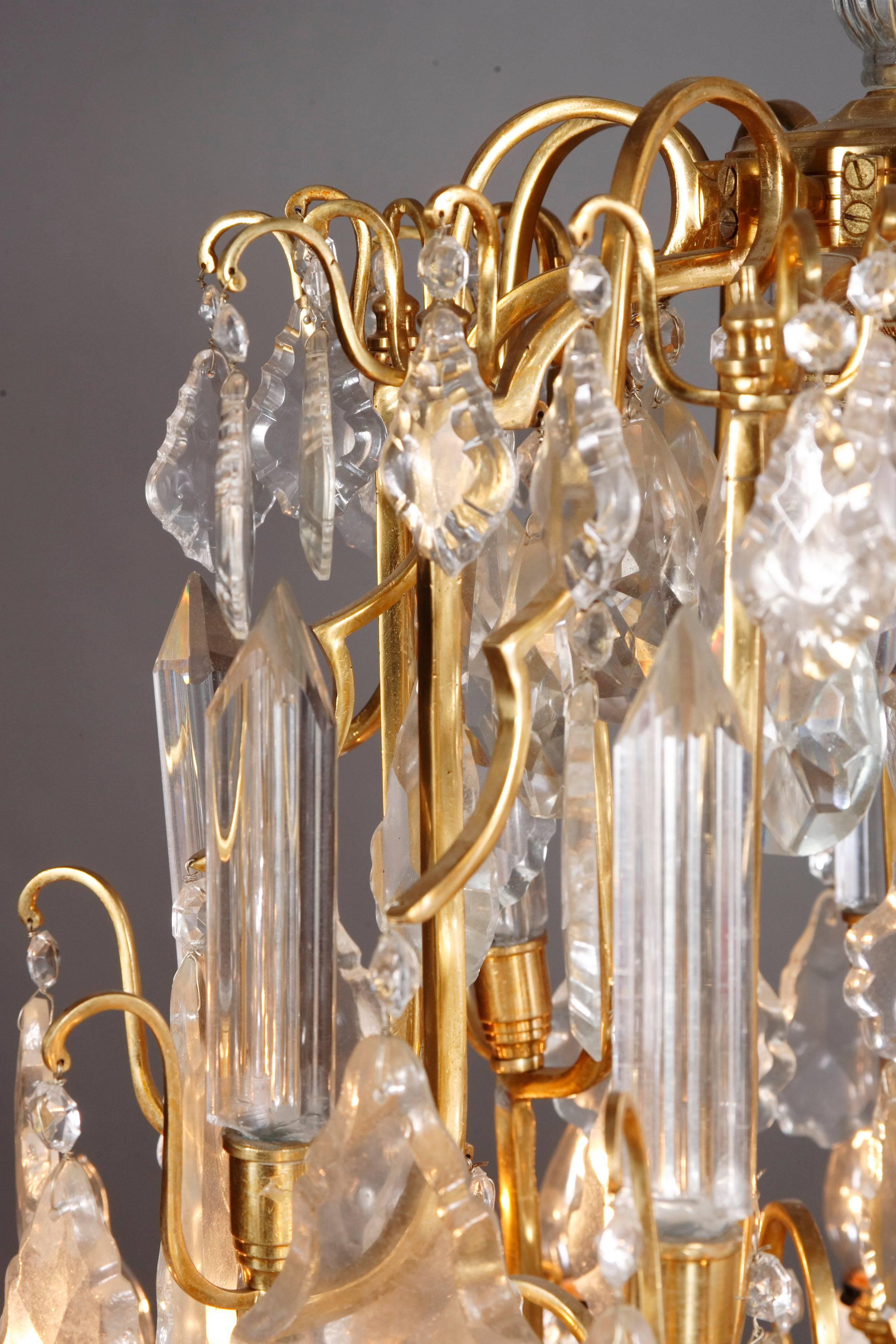 Brass French Prisms Chandelier in  antique Louis XV Style brass gilt For Sale