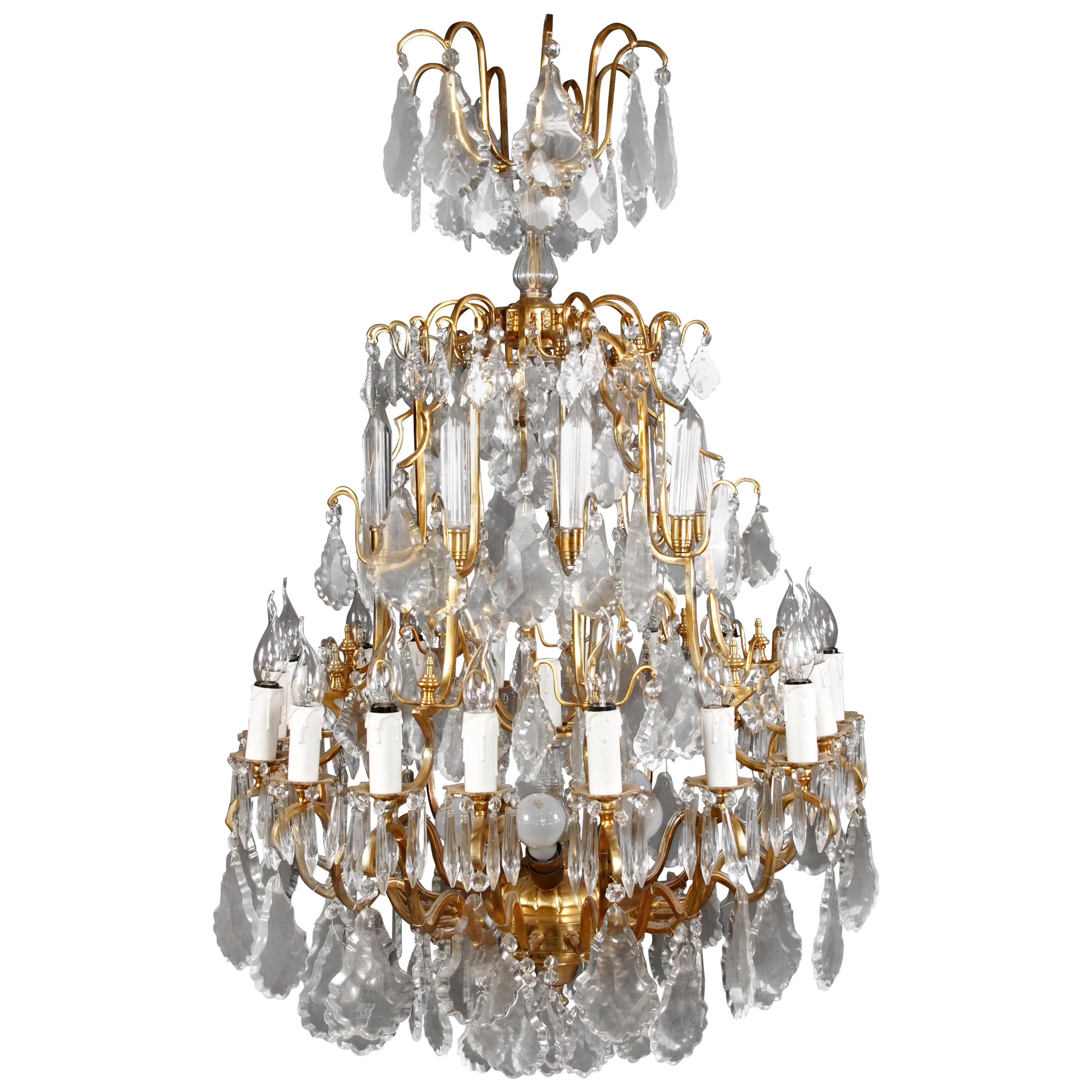 French Prisms Chandelier in  antique Louis XV Style brass gilt For Sale