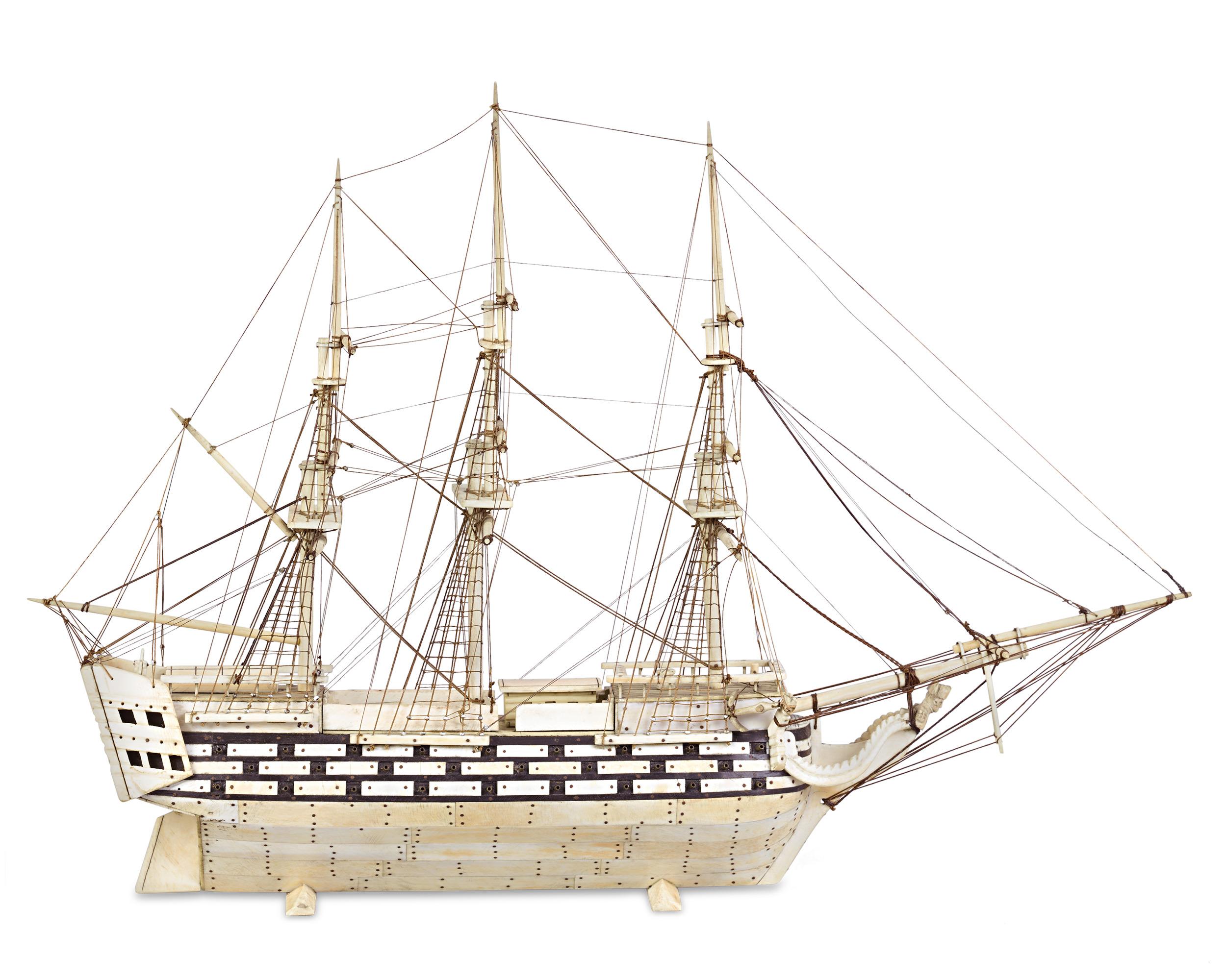 An incredible and extremely rare artifact of world history, this monumental model of the HMS Victory was created during the Napoléonic Wars by a French prisoner of war. Formed from bone and horn, every detail of this historic ship has been carefully