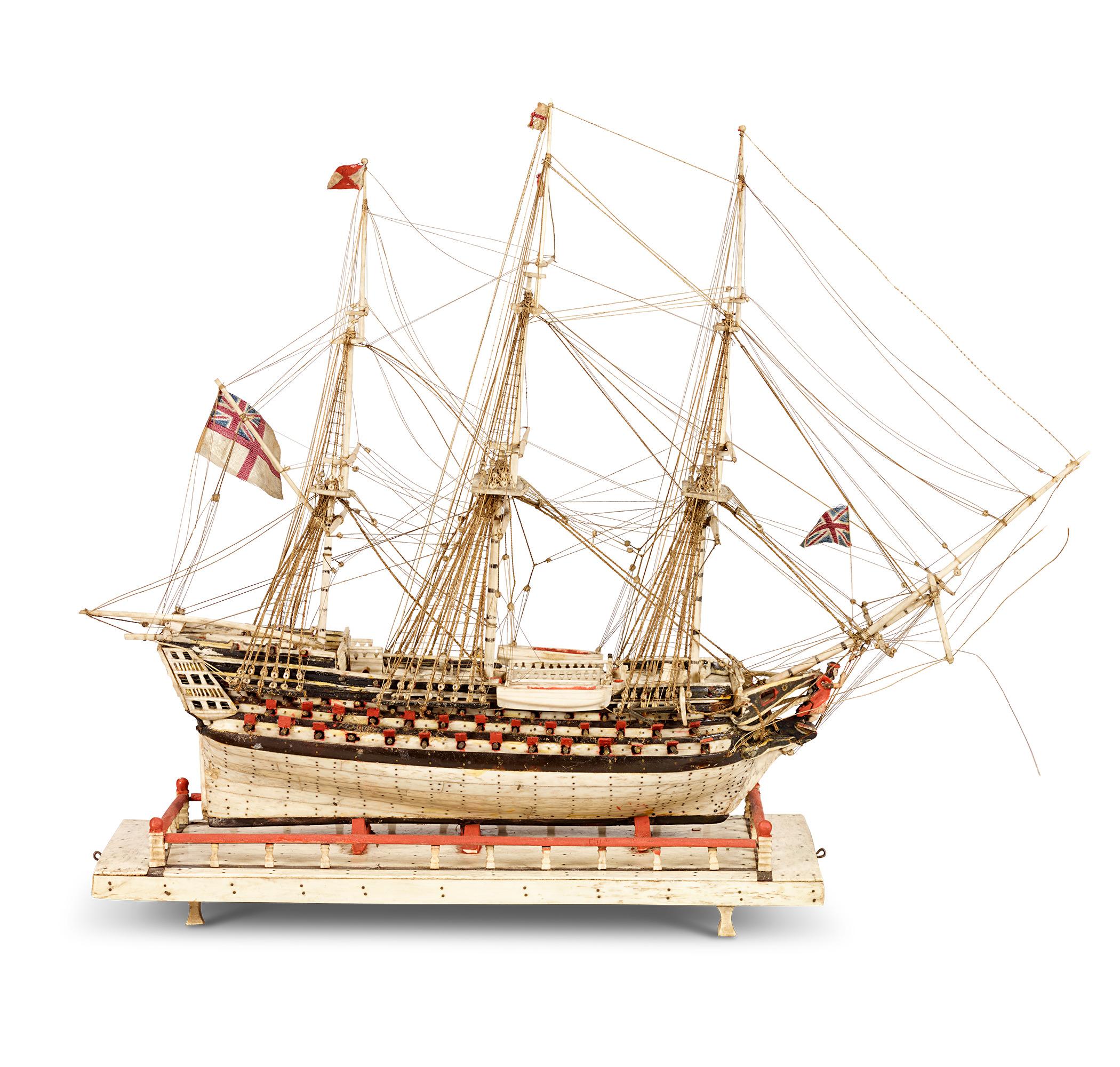 French Prisoner-of-War Bone Ship Model, HMS Victory
Circa 1800

This exceptional Napoleonic-era ship model is a rare and poignant artifact of maritime and world history. Representing the famed HMS Victory, Admiral Lord Nelson’s flagship at the
