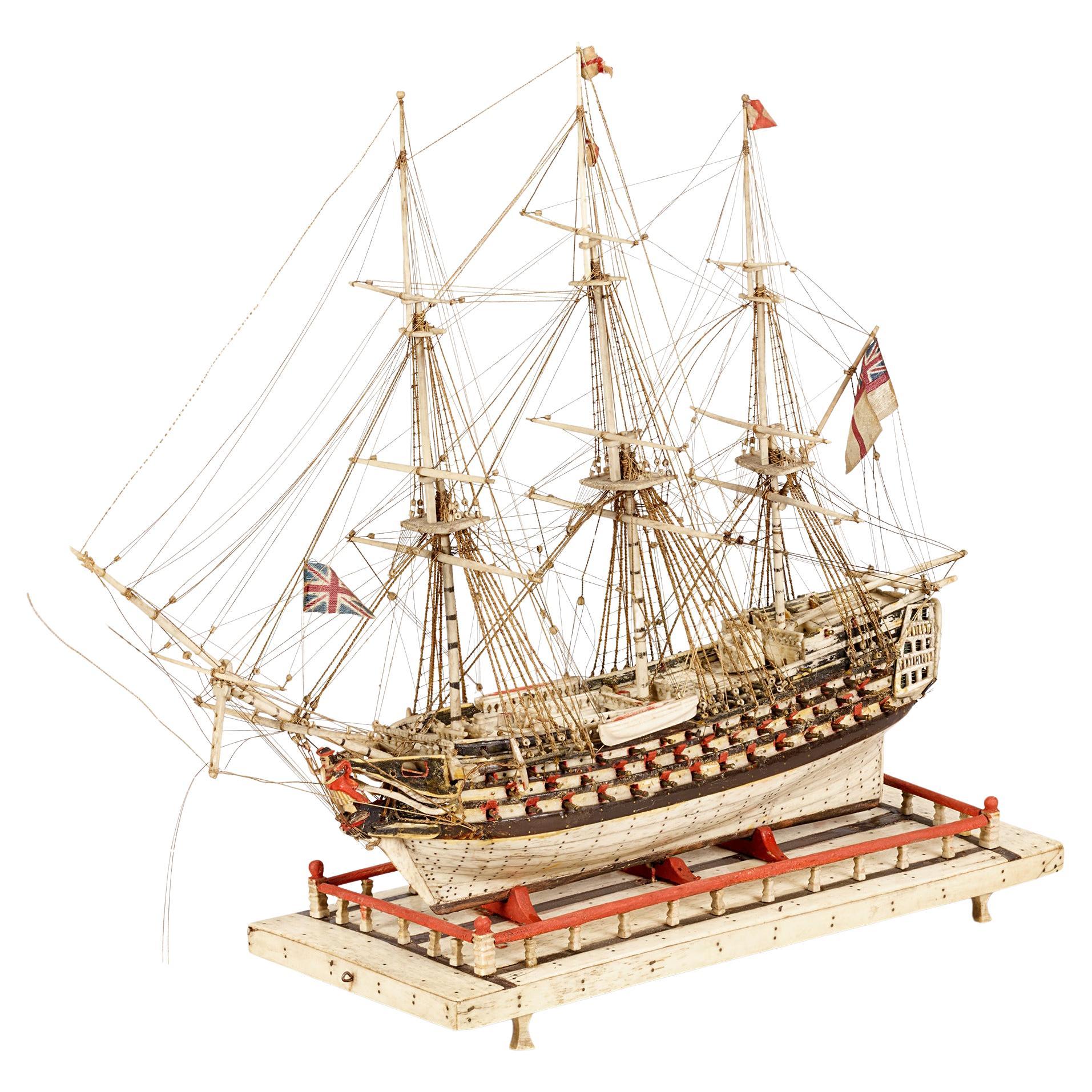 French Prisoner-of-War Bone Ship Model, HMS Victory For Sale